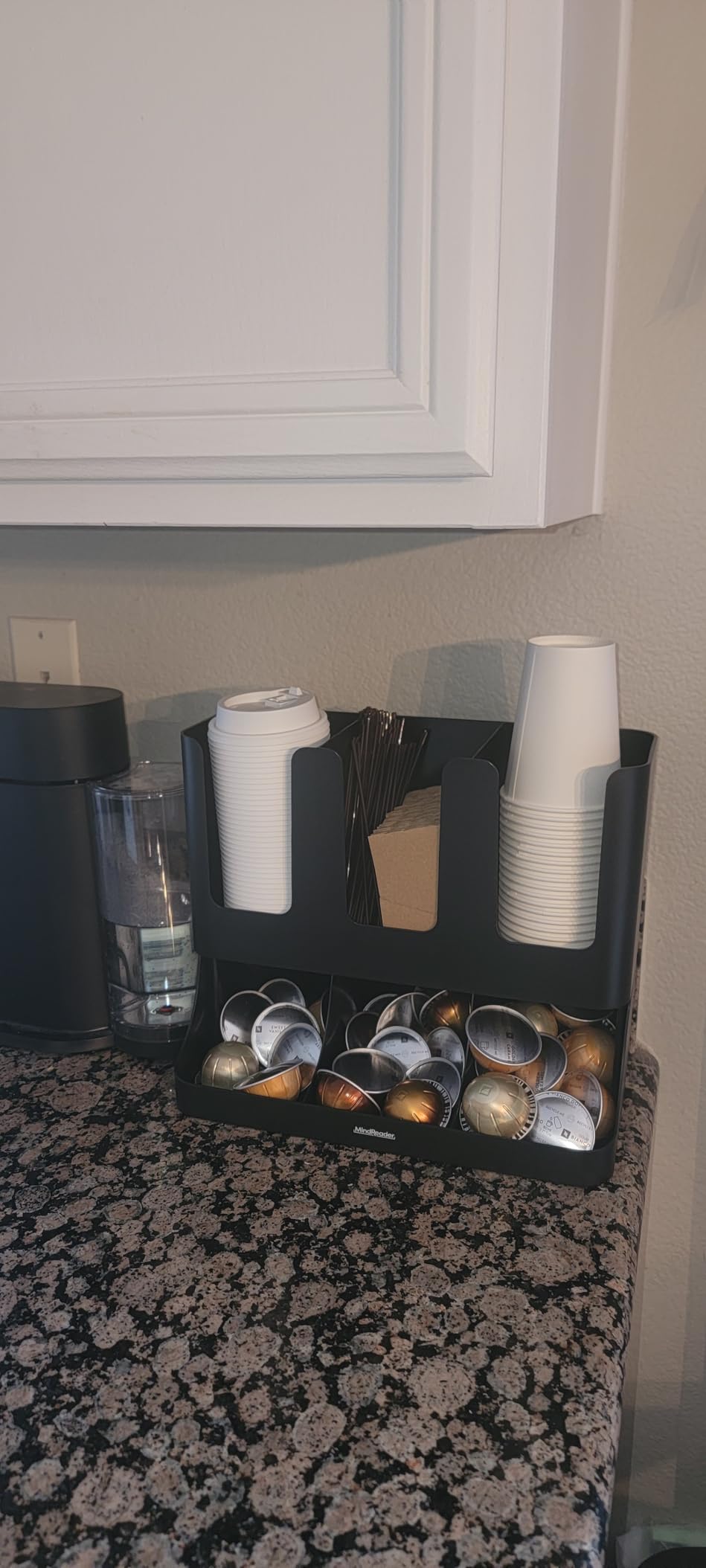Mind Reader Cup and Condiment Station, Countertop Coffee Bar Organizer with 6 Compartments, Storage Caddy for Cups Lids and Packets, Plastic, Black customer photo 1