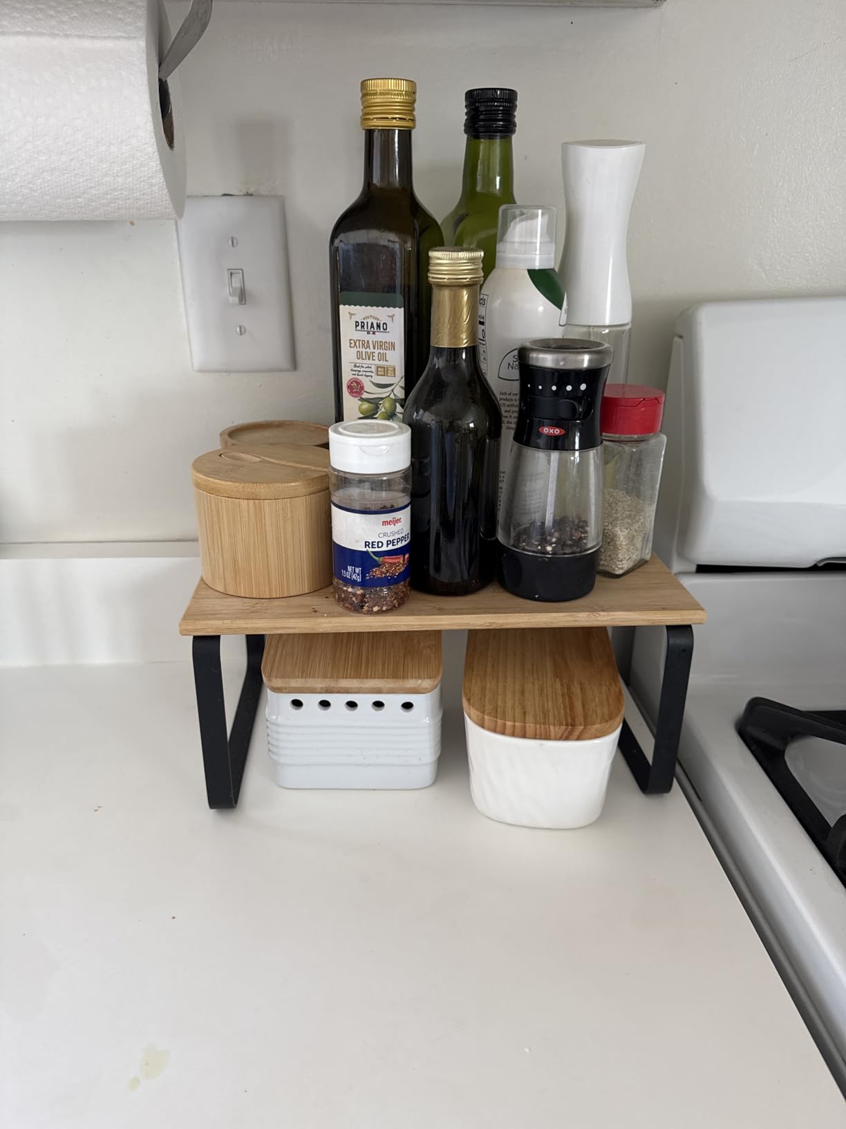 SONGMICS Cabinet Organizer Shelf, Set of 2 Kitchen Counter Shelves, Kitchen Storage, Spice Rack, Stackable, Expandable, Metal and Engineered Wood, 11.7 Inches, Ink Black and Natural Beige UKCS02NB customer photo 1