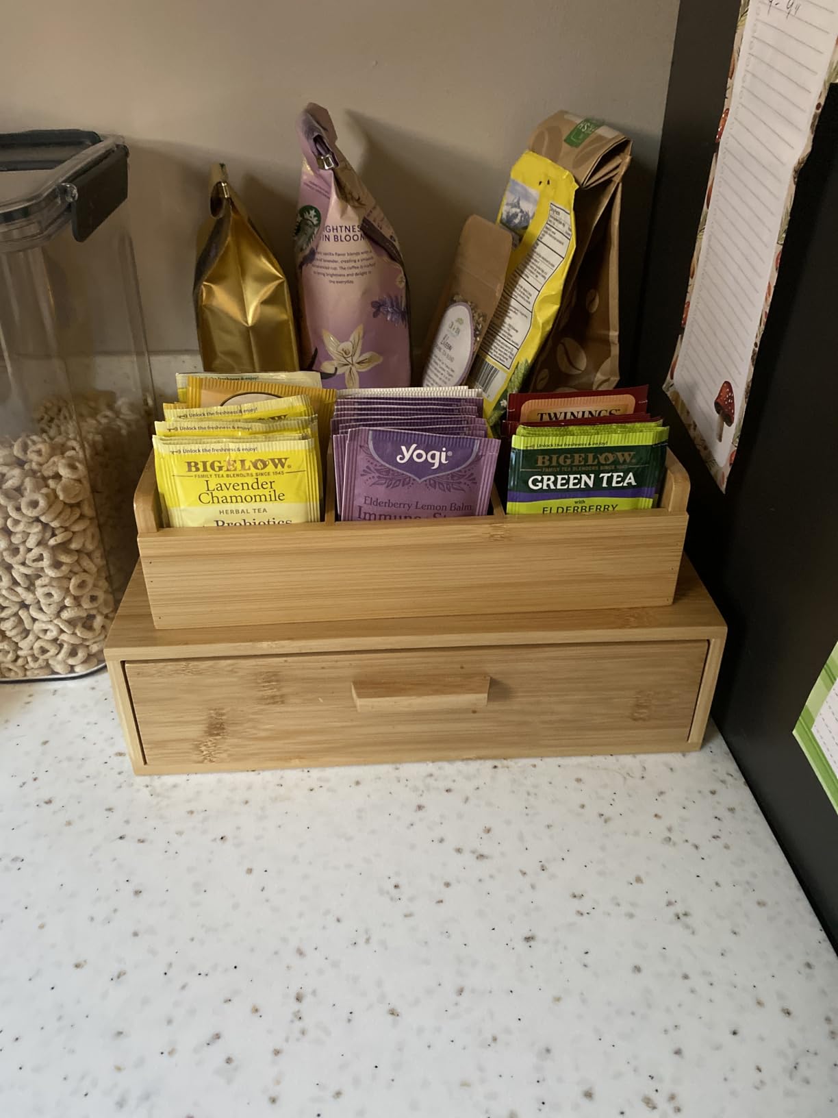 HTB Small Tea Bag Box Wooden, 3 Compartments Acacia Wood Tea Bag Chest with Handle, Mini Countertop Divided Storage Container for Beverage Supplies, Sugar, Sweeteners, Individual Packets customer photo 2