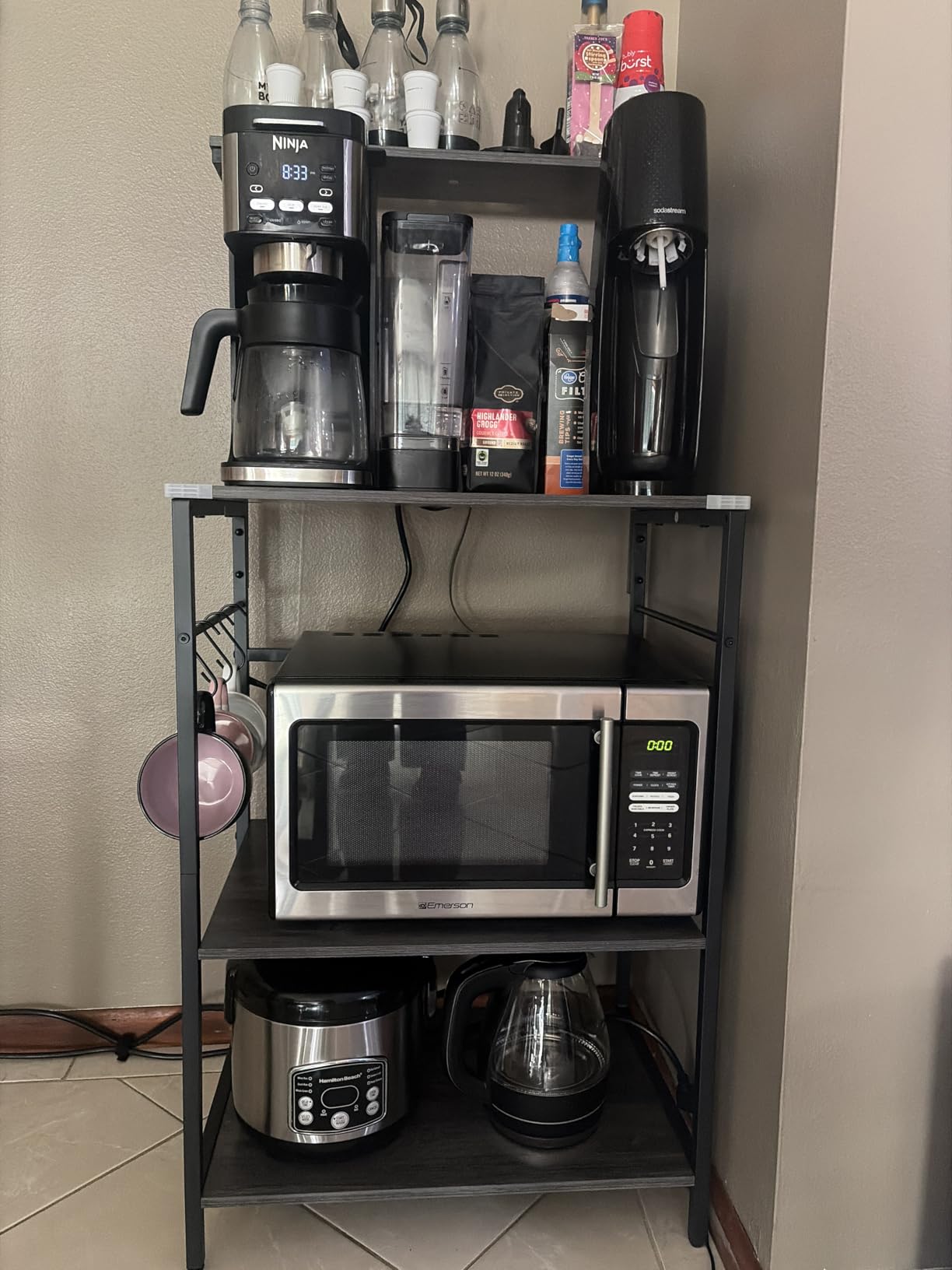 SUPERJARE Kitchen Bakers Rack with Power Outlet, Coffee Bar Table 4 Tiers, Kitchen Microwave Stand with 6 S-shaped Hooks, Storage Shelf Rack for Spices, Pots and Pans - Rustic Brown customer photo 1