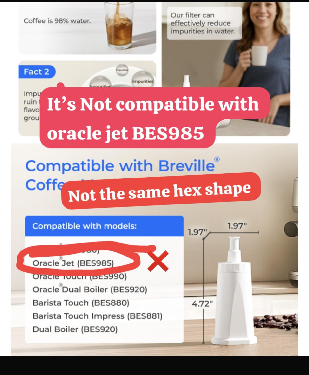 Coffee Water Filter Replacement for Breville Filter BES008, Breville Espresso Machine Oracle Jet BES985, Barista Touch Impress BES881, Oracle Touch BES990, TUV SUD Certified, 4 Packs, Waterdrop customer photo 1