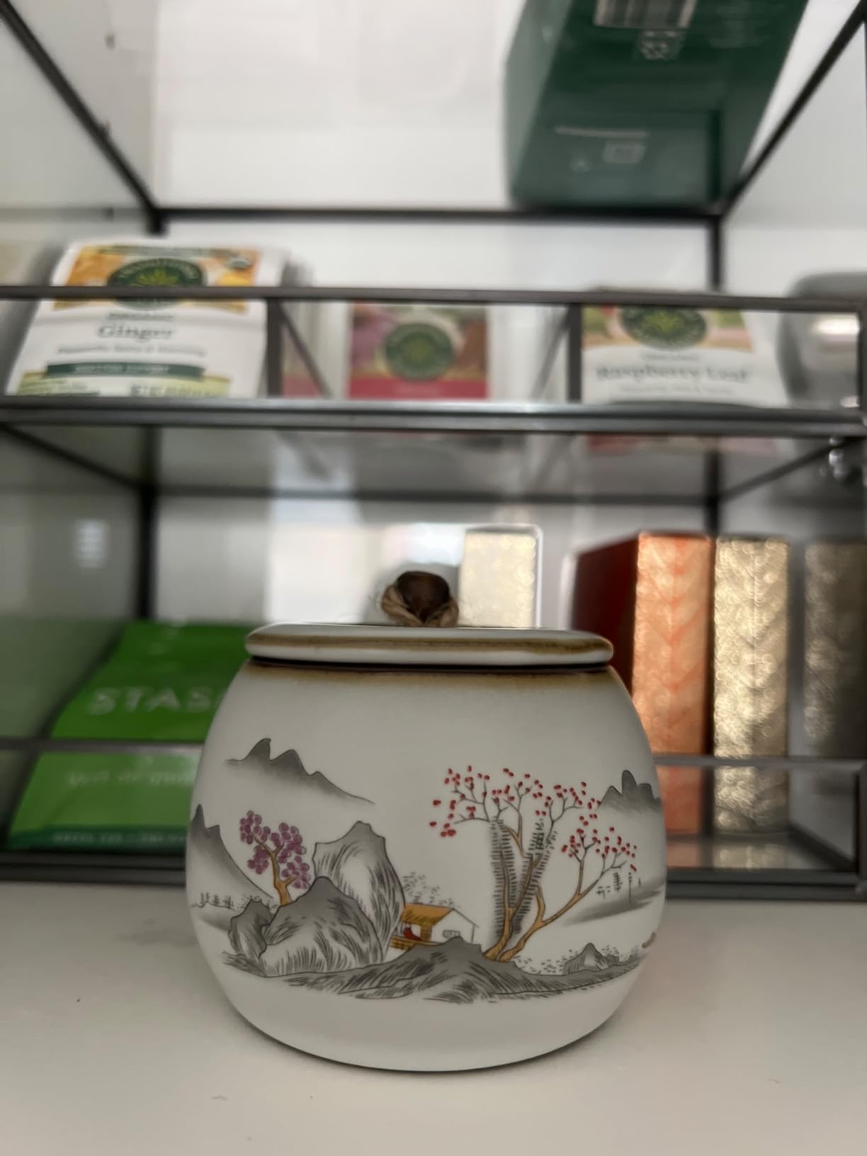 Chinese Style Ceramic Tea Caddy Tea Canister Tea Storage Container Tins Jar with Airtight Lid Wet-proof Tank for Tea, Coffee, Herb, Sugar, Spice, Nuts-Mountain-6 OZ customer photo 1