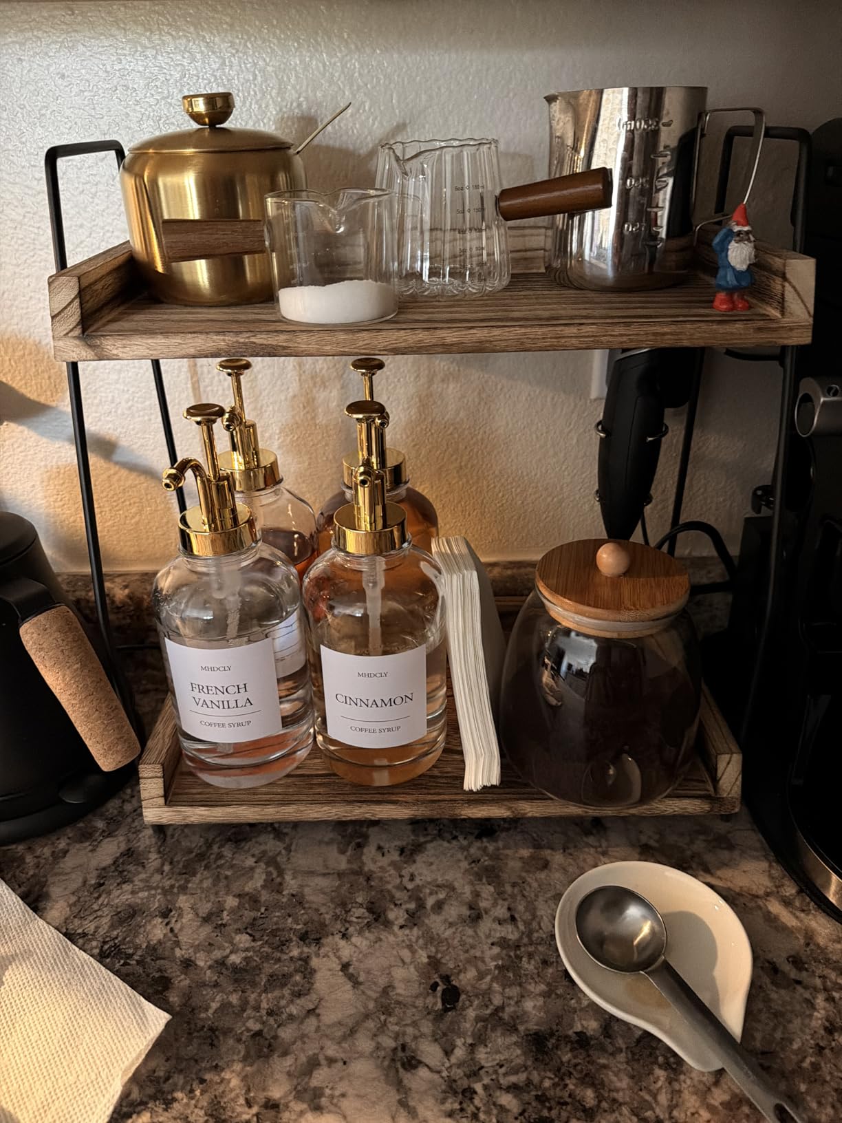 Countertop Coffee Station Organizer, 2 Tier Wooden Shelf for Coffee Bar Accessories, Condiment Storage Caddy for Kitchen, Home, Office - Brown customer photo 1