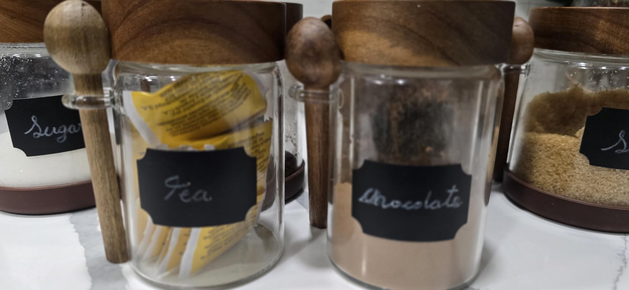 SAIOOL Loose Leaf Tea Storage Canister Set, 4 Pieces 16 OZ Glass Tea Containers with Wooden Lids and Spoons for Loose Tea, Coffee, Sugar, Oatmeal, Herbs (Tea Canisters) customer photo 2