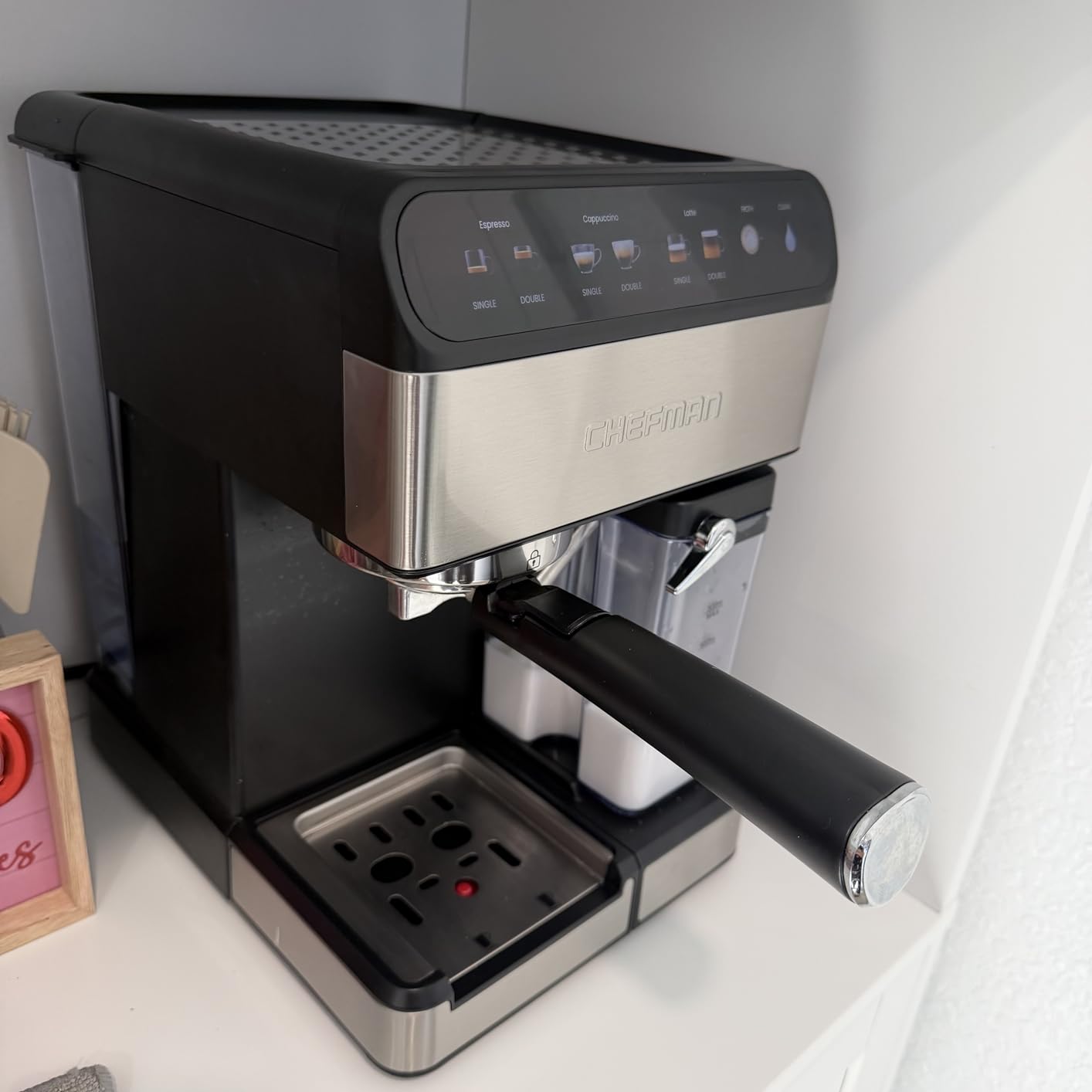 Chefman CafeMaster Pro Espresso Machine, Brew Single or Double Shots, Coffee Maker with Built-In Milk Frother for Cappuccino & Latte, XL 1.8 Liter Removable Water Reservoir - Stainless Steel customer photo 2