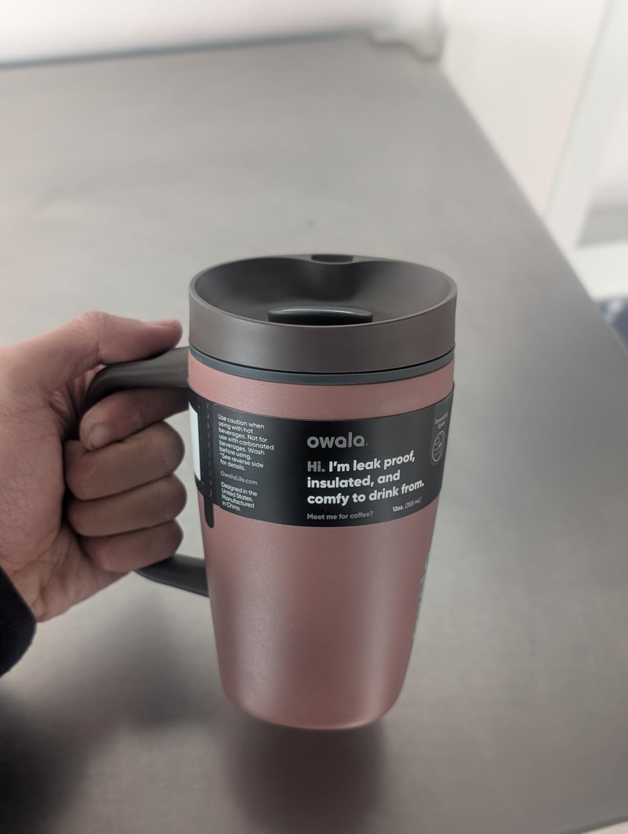 Owala SmoothSip Slider Insulated Stainless Steel Coffee Tumbler, Reusable Iced Coffee Cup, Hot Coffee Travel Mug, BPA Free 20 oz, Grey/Blue (High Dive) customer photo 1