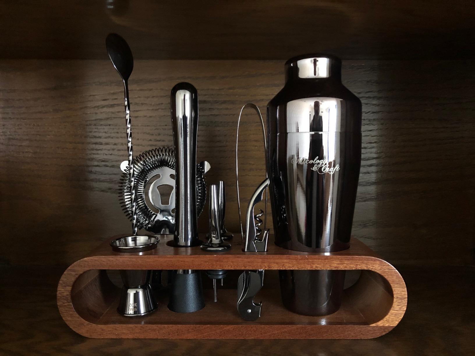 Mixology Cocktail Shaker Set - 10-Piece Cocktail Making Set - Home Bartender Kit in Bamboo Stand with Spoon, Boston Shaker, Other Tools for Drink Mixing, Martini, Mocktail - Gift Set (Silver) customer photo 2