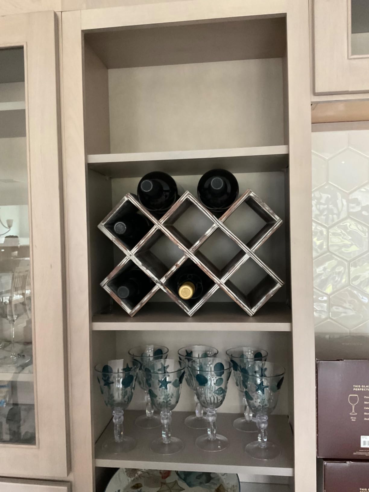 MyGift 4-Bottle Rustic Brown Wood Wine Rack for Countertop - Brushed Country Rustic Style, Compact Storage for Kitchen, Bar, Dining Room (Holds 750ml Bottles) customer photo 1