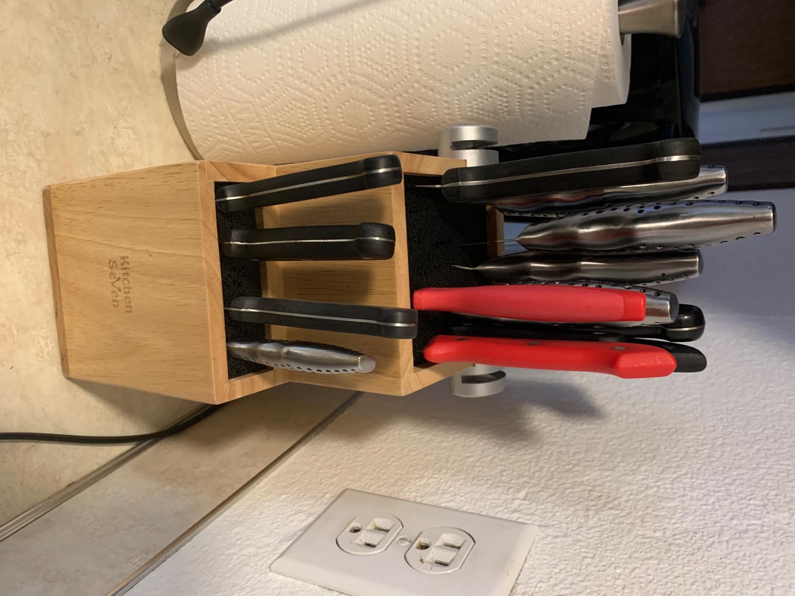 Bamboo Universal Knife Block - Knife Holder with 2 Built-In Knife Sharpeners - 2-Tiered Modern Knife Storage Up to 16 Large and Small Knives Easy Clean Wooden Knife Organizer by Kitchen Seven customer photo 2