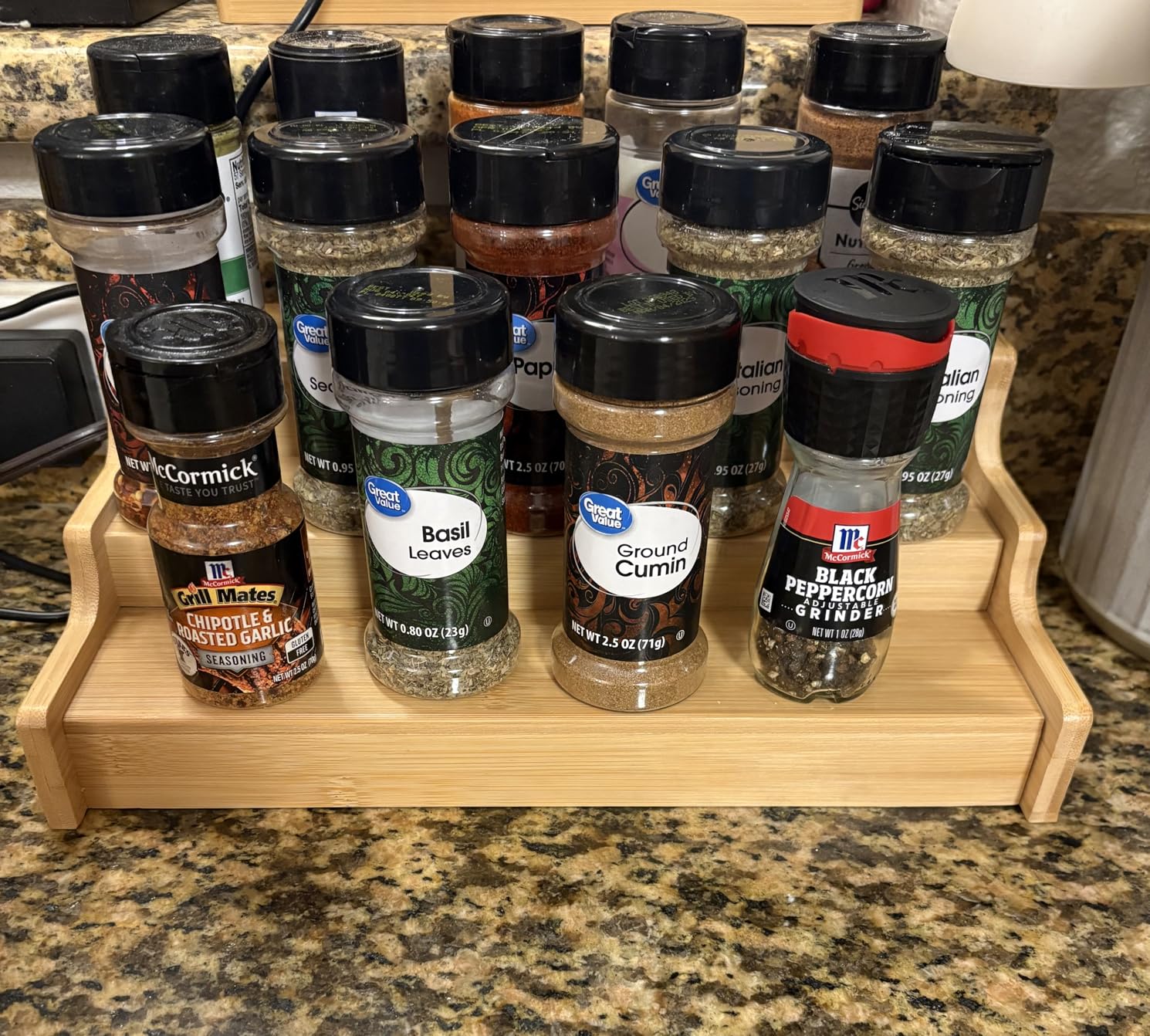 Spice Rack Kitchen Cabinet Organizer- 3 Tier Bamboo Expandable Display Shelf Yellow customer photo 2
