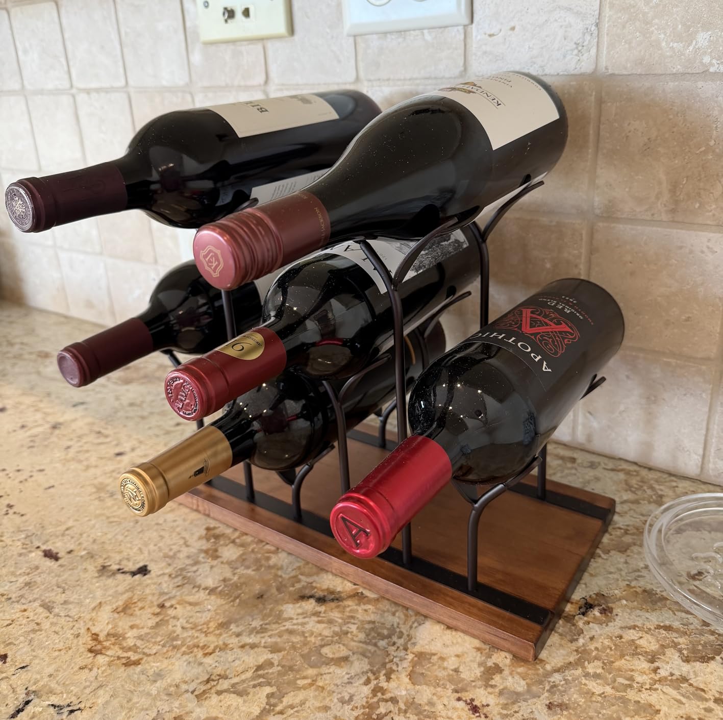 Tabletop Wood Wine Holder, Countertop Wine Rack, Hold 4 Wine Bottles and 4 Glasses, Perfect for Home Decor & Kitchen Storage Rack, Bar, Wine Cellar, Cabinet, Pantry, etc, Wood & Metal (Bronze) customer photo 1