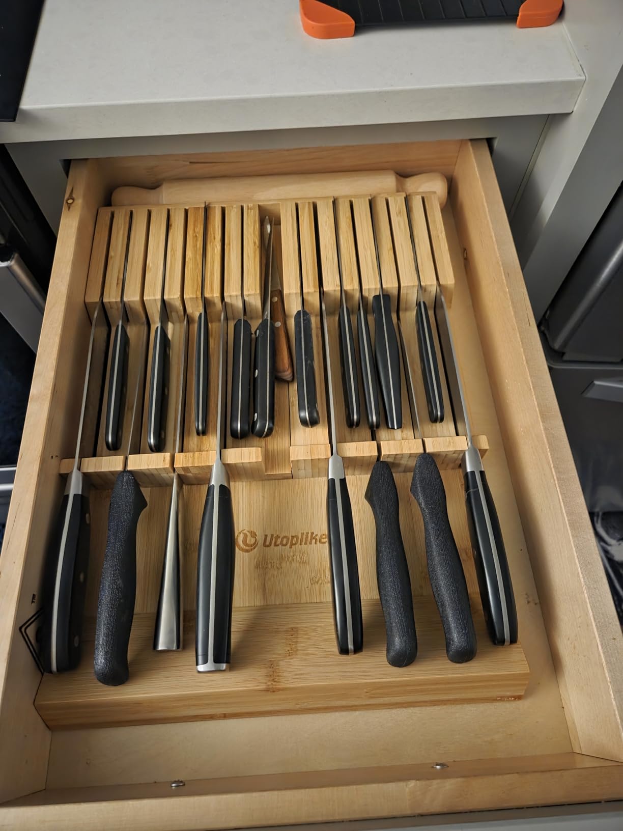 Utoplike In-drawer Knife Block Bamboo Kitchen Knife Drawer Organizer Large, handle Steak knife Holder without Knives, Fit for 16 Knife and 1 Sharpening Steel (Knives & Sharpening Not Included) customer photo 1