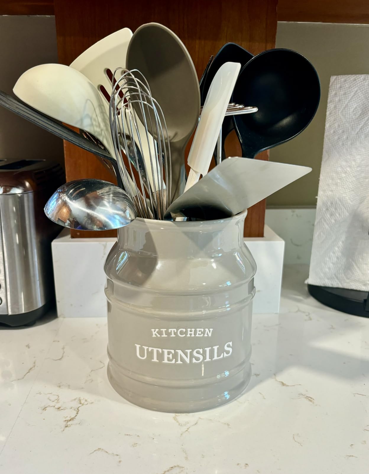 Barnyard Designs Ceramic Farmhouse Utensil Holder for Kitchen Counter, Large Rustic Utensil Crock, White customer photo 1