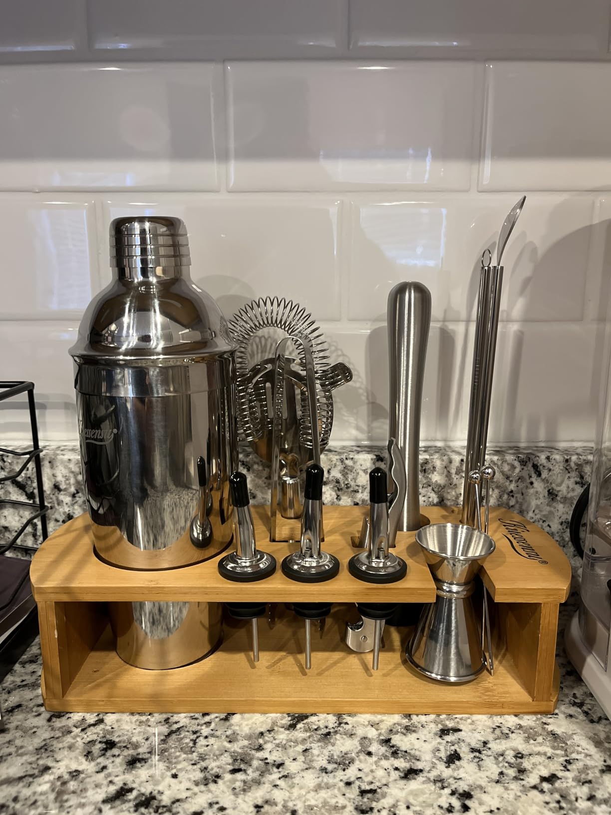 KITESSENSU Cocktail Shaker Set Bartender Kit with Stand | Bar Set Drink Mixer Set with All Essential Accessory Tools: Martini Shaker, Jigger, Strainer, Mixer Spoon, Muddler, Liquor Pourers | Silver customer photo 2