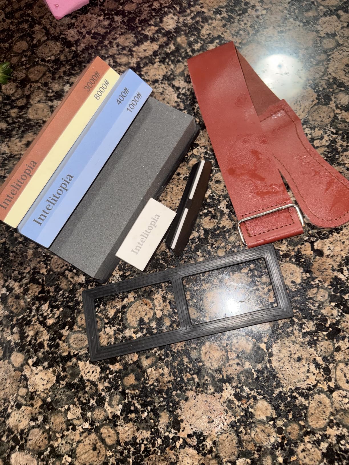 Intelitopia Complete Knife Sharpening Stone Set - Dual Grit Whetstone 400/1000 3000/8000 Knife Sharpener with Leather Strop, Flattening Stone, Bamboo Base, 3 Non-slip Rubber Bases & Angle Guide customer photo 2