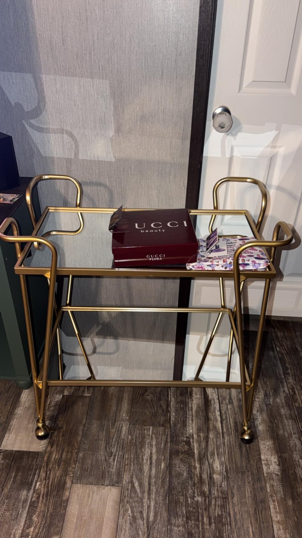 Linon Gina Silver Mid Century Bar Cart with Mirrored Shelves on Locking Castors customer photo 1