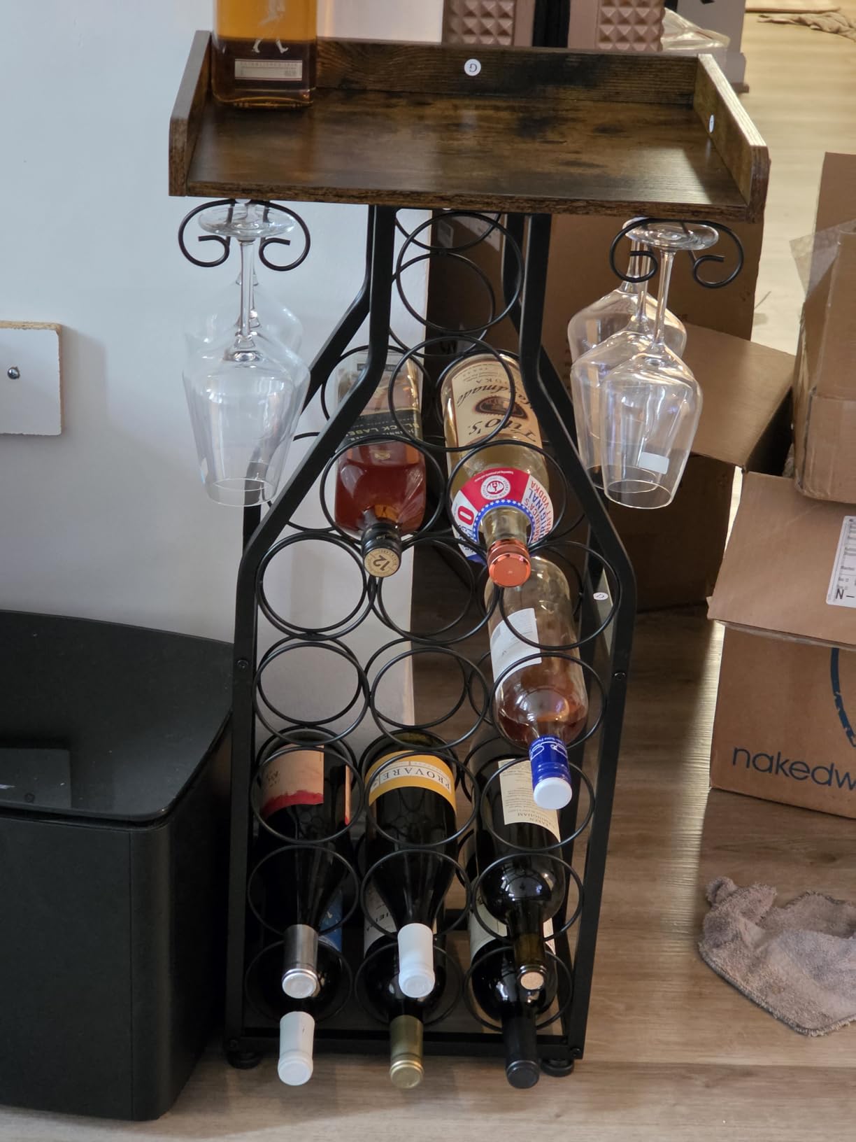 X-cosrack Wine Rack Freestanding Floor, Mini Bar Table Wine Holder Stand Liquor Cabinet with Glass Holder Wood Tabletop 14 Bottles Floor Wine Storage for Home Bar Kitchen Living Room customer photo 1