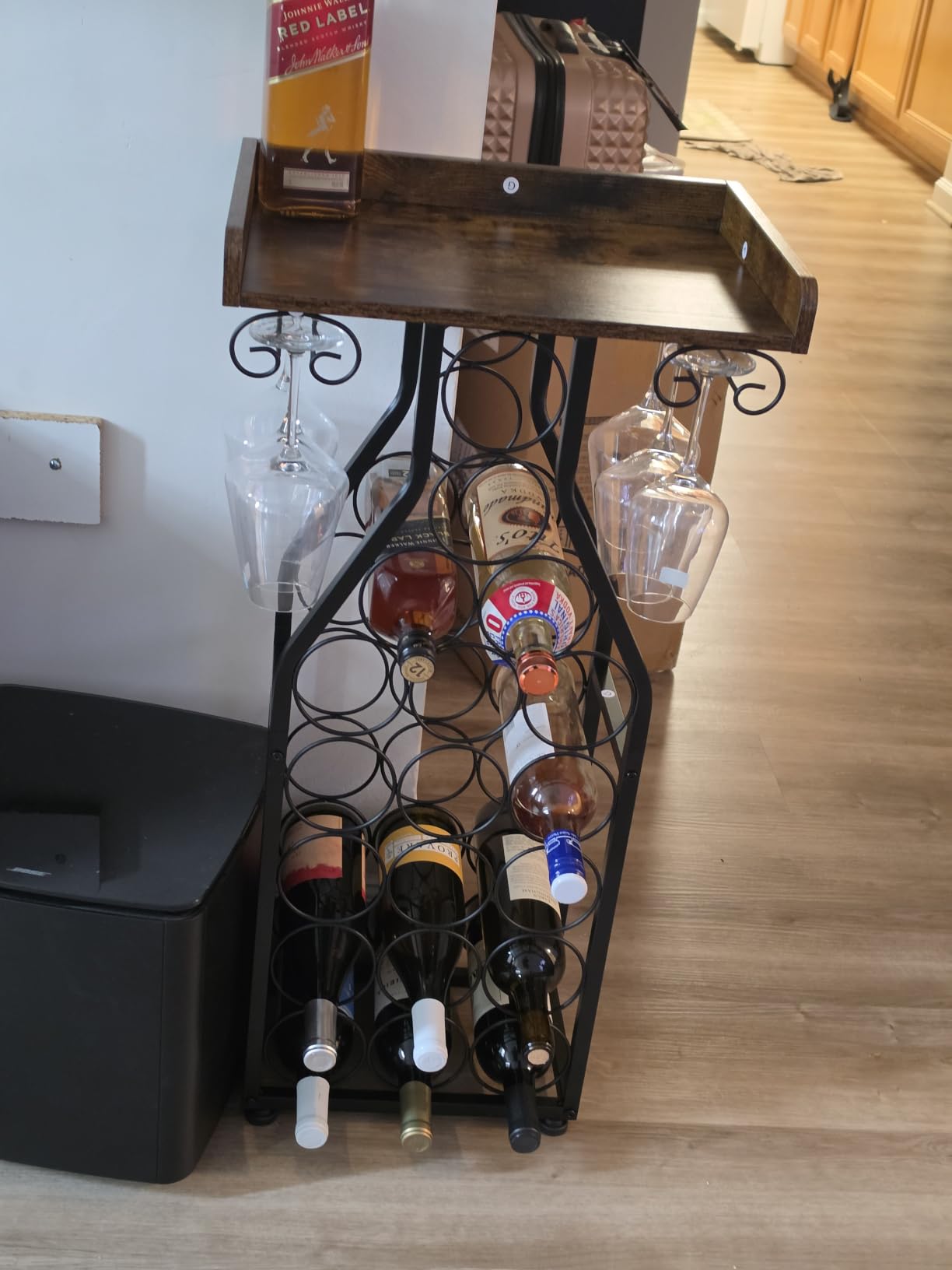 X-cosrack Wine Rack Freestanding Floor, Mini Bar Table Wine Holder Stand Liquor Cabinet with Glass Holder Wood Tabletop 14 Bottles Floor Wine Storage for Home Bar Kitchen Living Room customer photo 2
