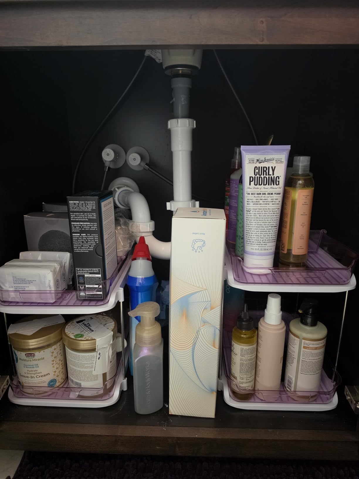 Delamu 2-Tier Multi-Purpose Bathroom Under Sink Organizers and Storage, Stackable Kitchen Pantry Organization, Pull Out Medicine Cabinet Organizer with Movable Dividers, White, 2 Pack customer photo 1