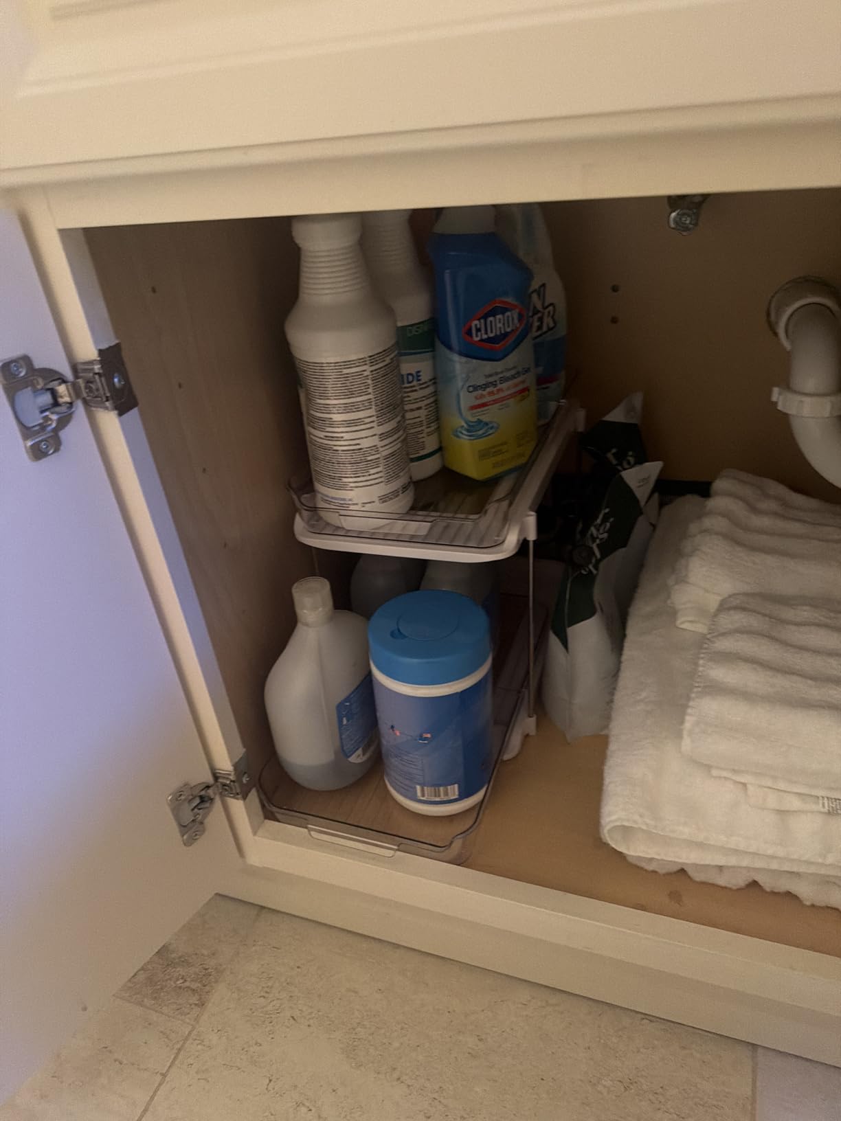 Delamu 2-Tier Multi-Purpose Bathroom Under Sink Organizers and Storage, Stackable Kitchen Pantry Organization, Pull Out Medicine Cabinet Organizer with Movable Dividers, White, 2 Pack customer photo 2
