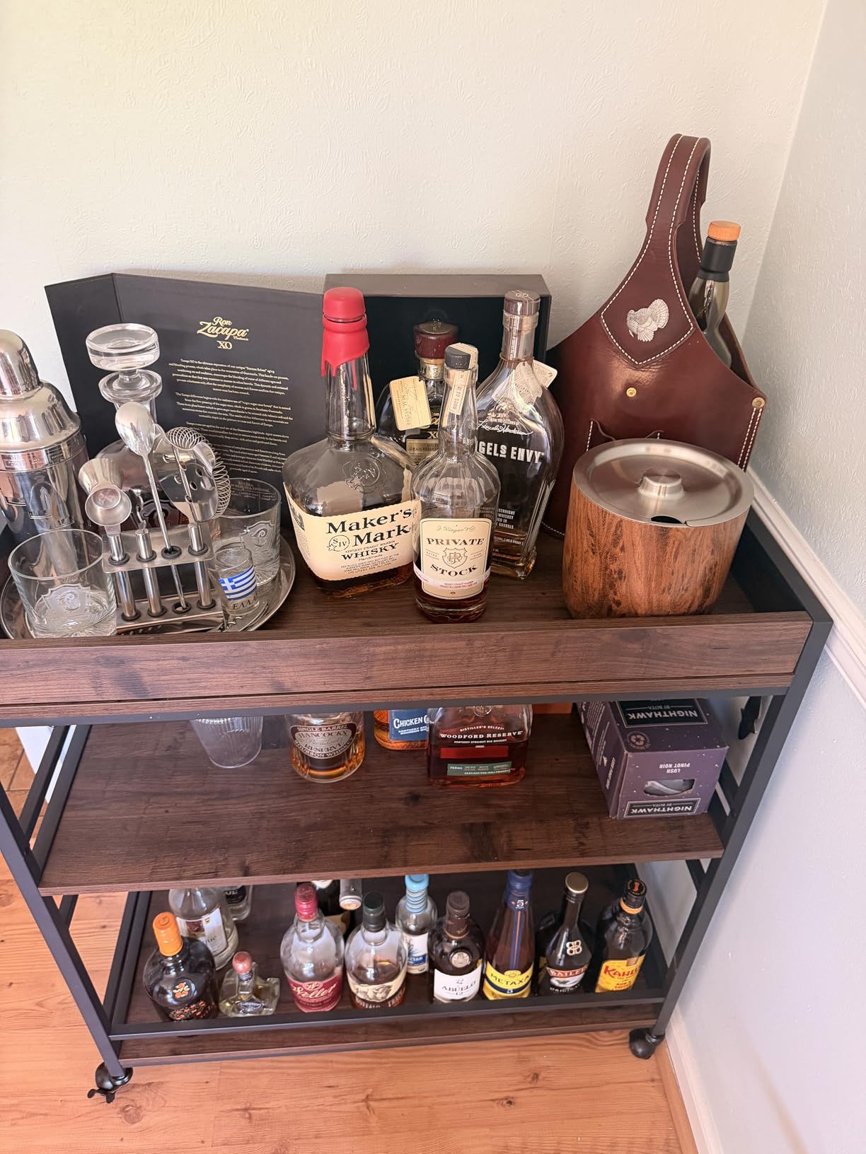 BON AUGURE Bar Cart for The Home, Rolling Home Bar Serving Cart on Wheels, 3 Tier Liquor Beverage Carts with Wine Rack and Glass Holder, Rustic Oak customer photo 1