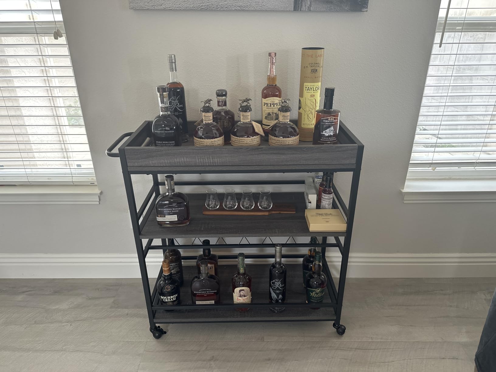 BON AUGURE Bar Cart for The Home, Rolling Home Bar Serving Cart on Wheels, 3 Tier Liquor Beverage Carts with Wine Rack and Glass Holder, Rustic Oak customer photo 2