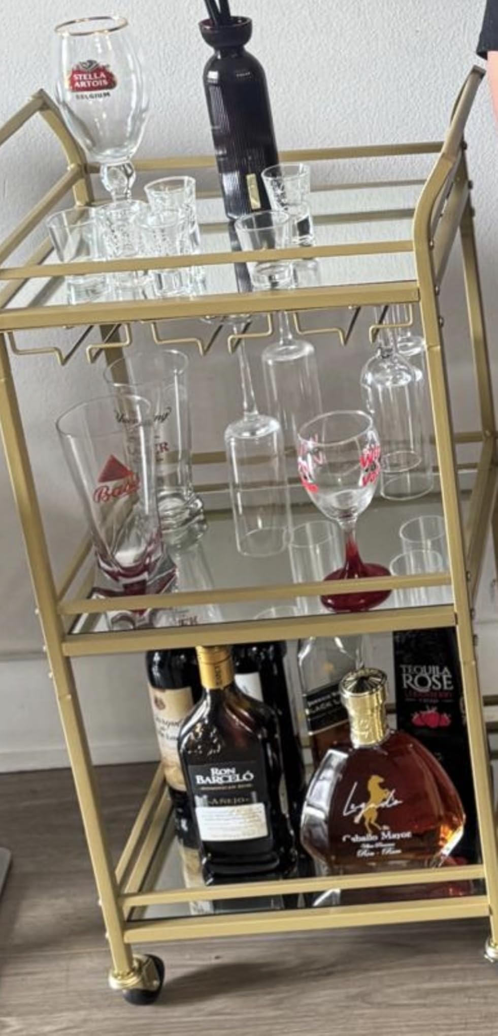 VASAGLE Bar Cart, Home Bar Serving Cart, Small Bar Serving Cart with 3-Tier Shelf, Wine Holders, Glass Holders, Mini Bar Cart for Small Spaces, Pale Gold customer photo 1