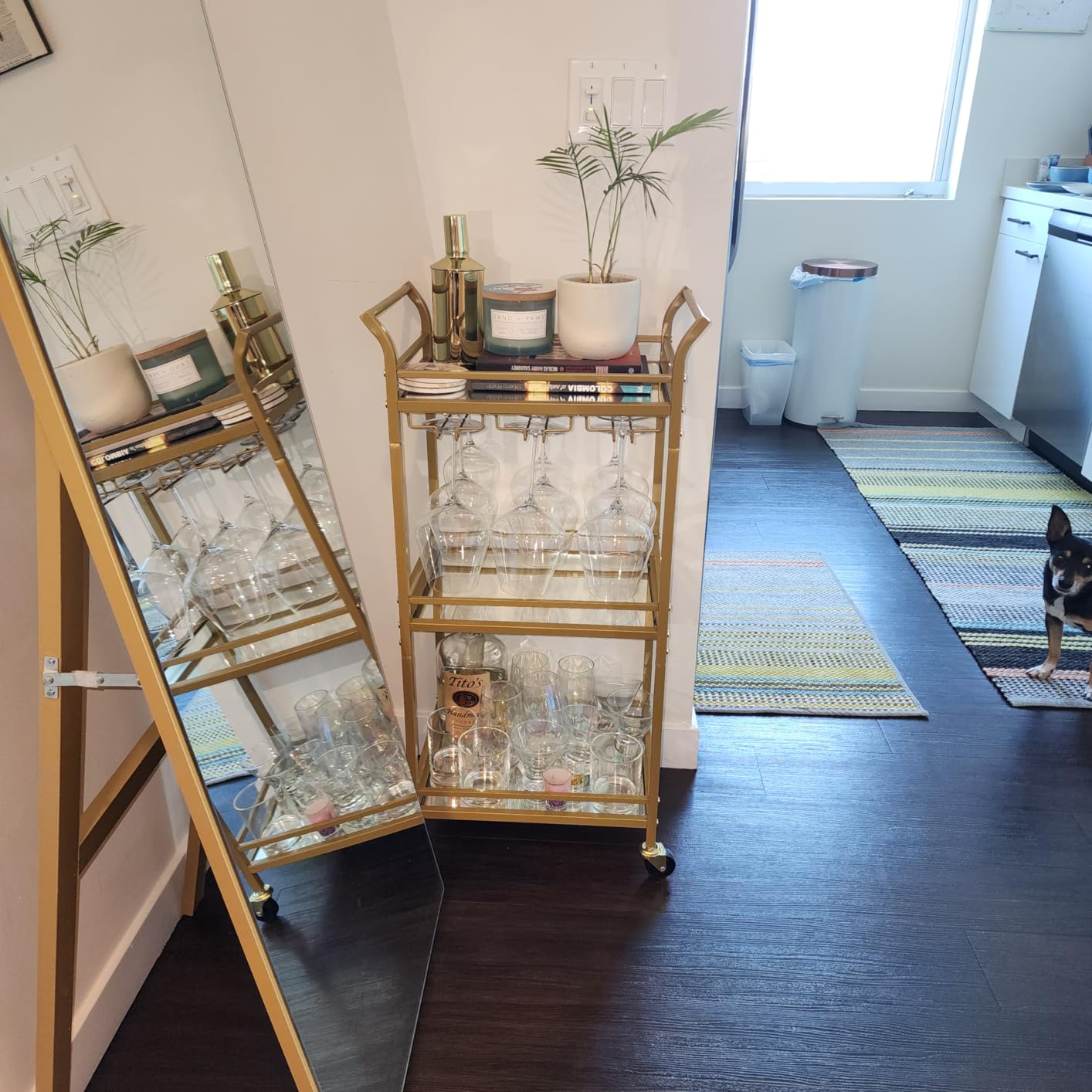 VASAGLE Bar Cart, Home Bar Serving Cart, Small Bar Serving Cart with 3-Tier Shelf, Wine Holders, Glass Holders, Mini Bar Cart for Small Spaces, Pale Gold customer photo 2