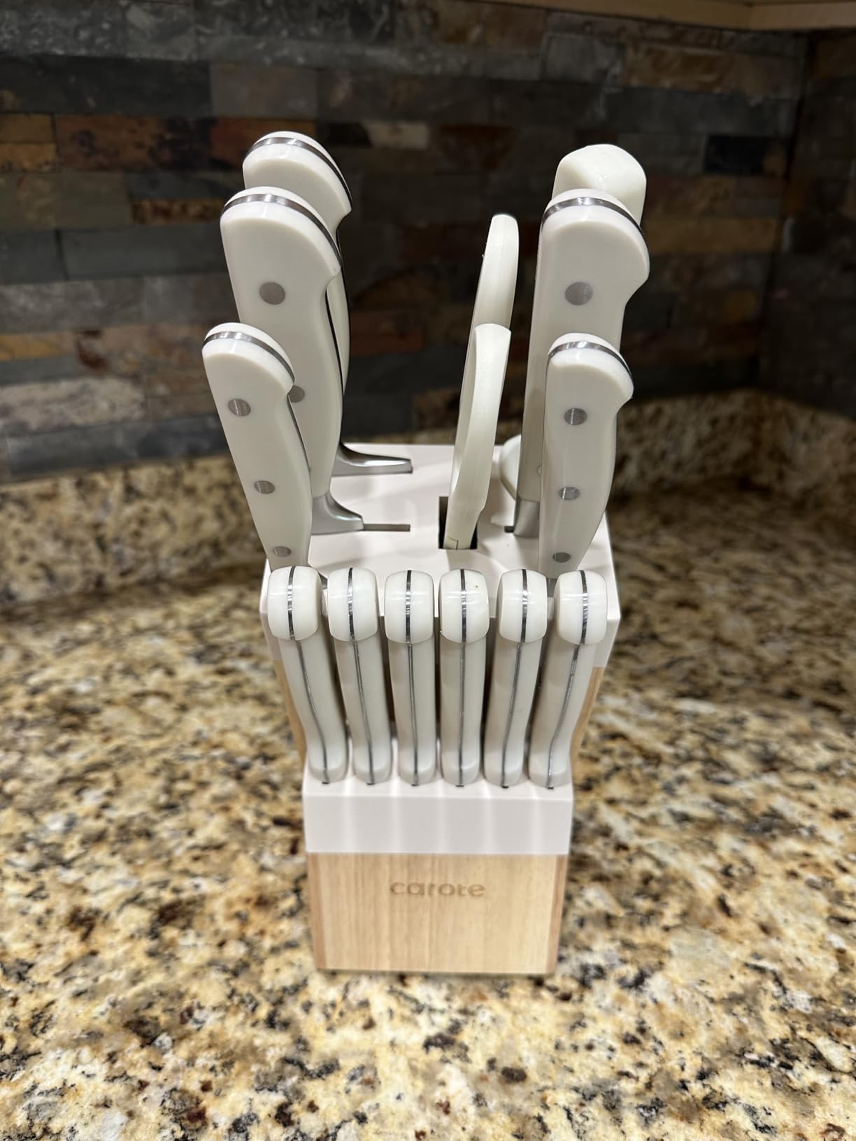 CAROTE 14-Piece Knife Set with Block, Forged High Carbon Stainless Steel Sharp Blade, Dishwasher Safe Cutlery, Cream customer photo 1