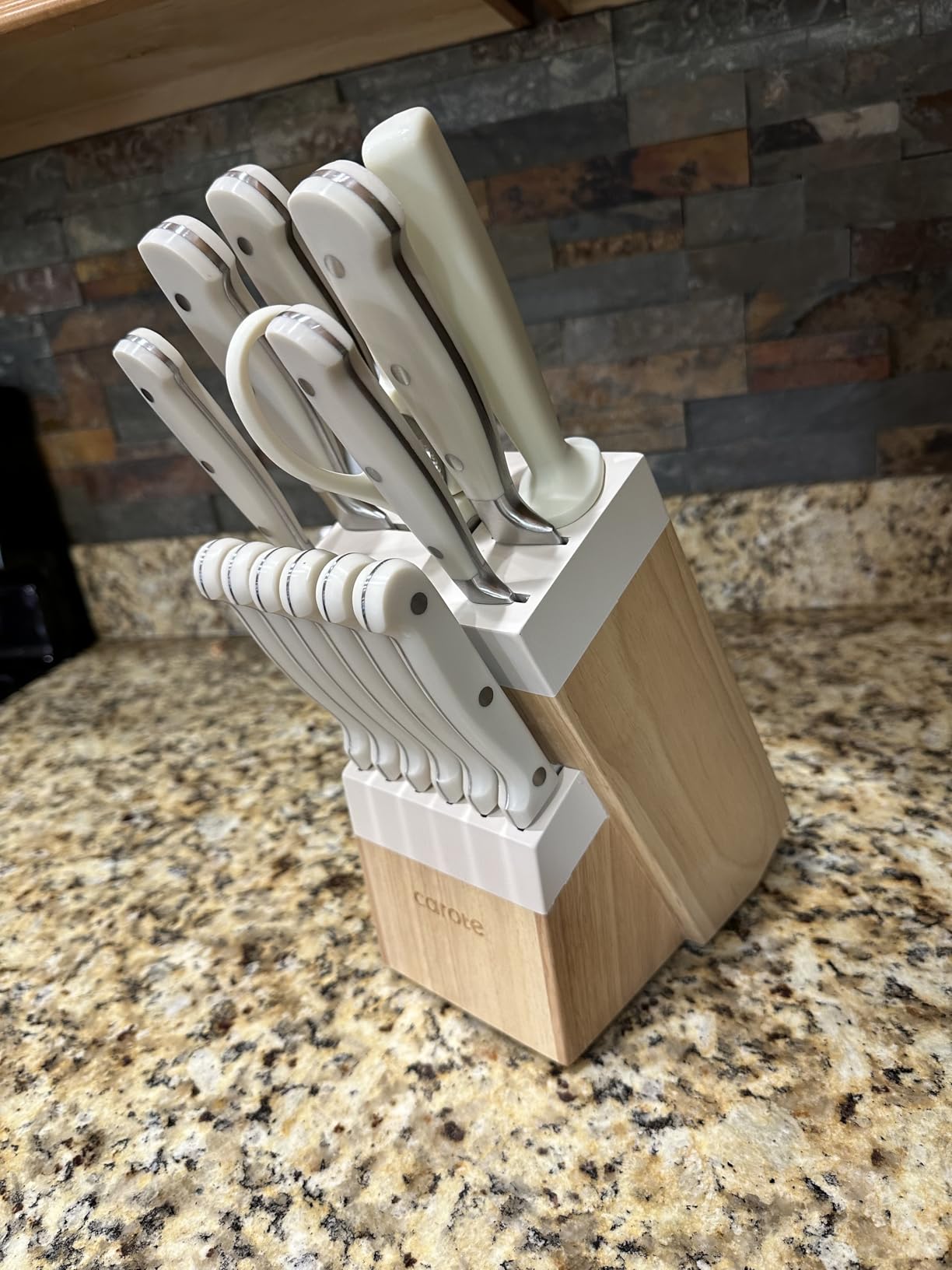 CAROTE 14-Piece Knife Set with Block, Forged High Carbon Stainless Steel Sharp Blade, Dishwasher Safe Cutlery, Cream customer photo 2
