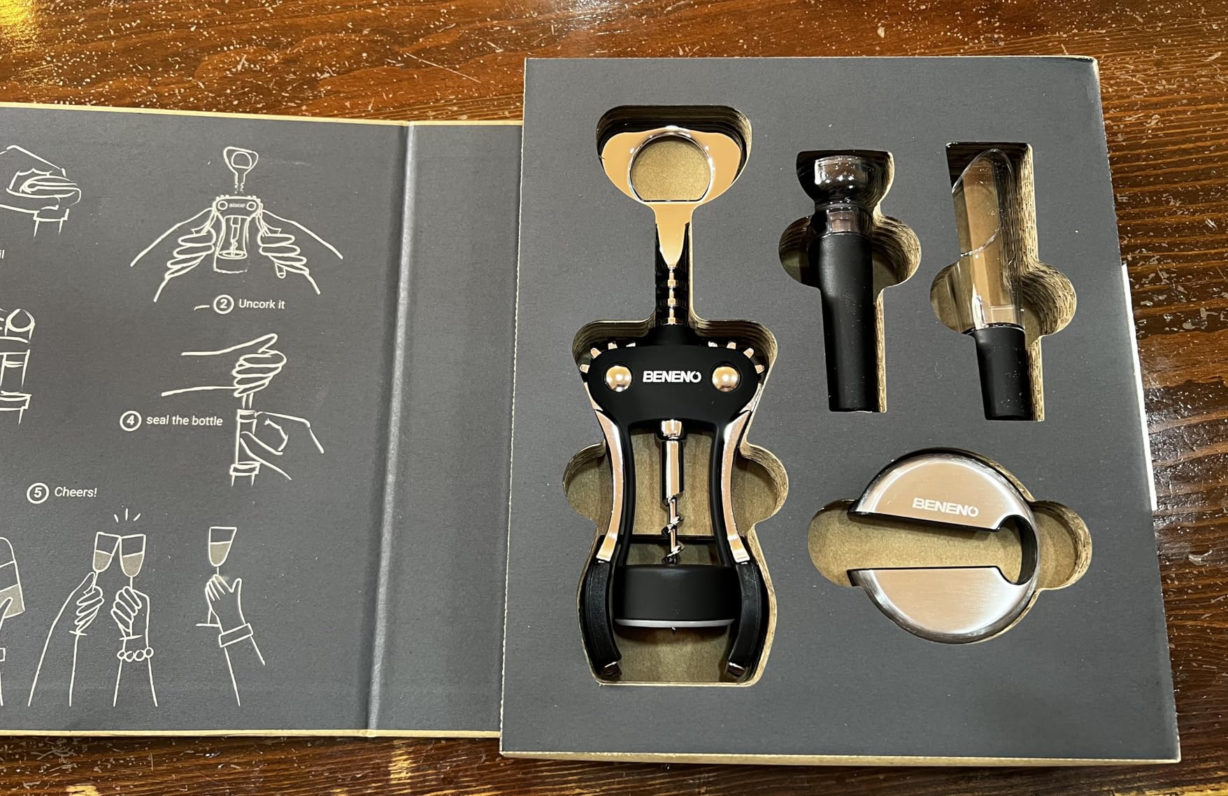 Beneno Wine Opener with Stainless Steel Wine Foil Cutter - Bottle Top Seal Cutter, Zinc Alloy Premium Wing Corkscrew with Multifunctional Bottles Opener, Ash silver customer photo 2
