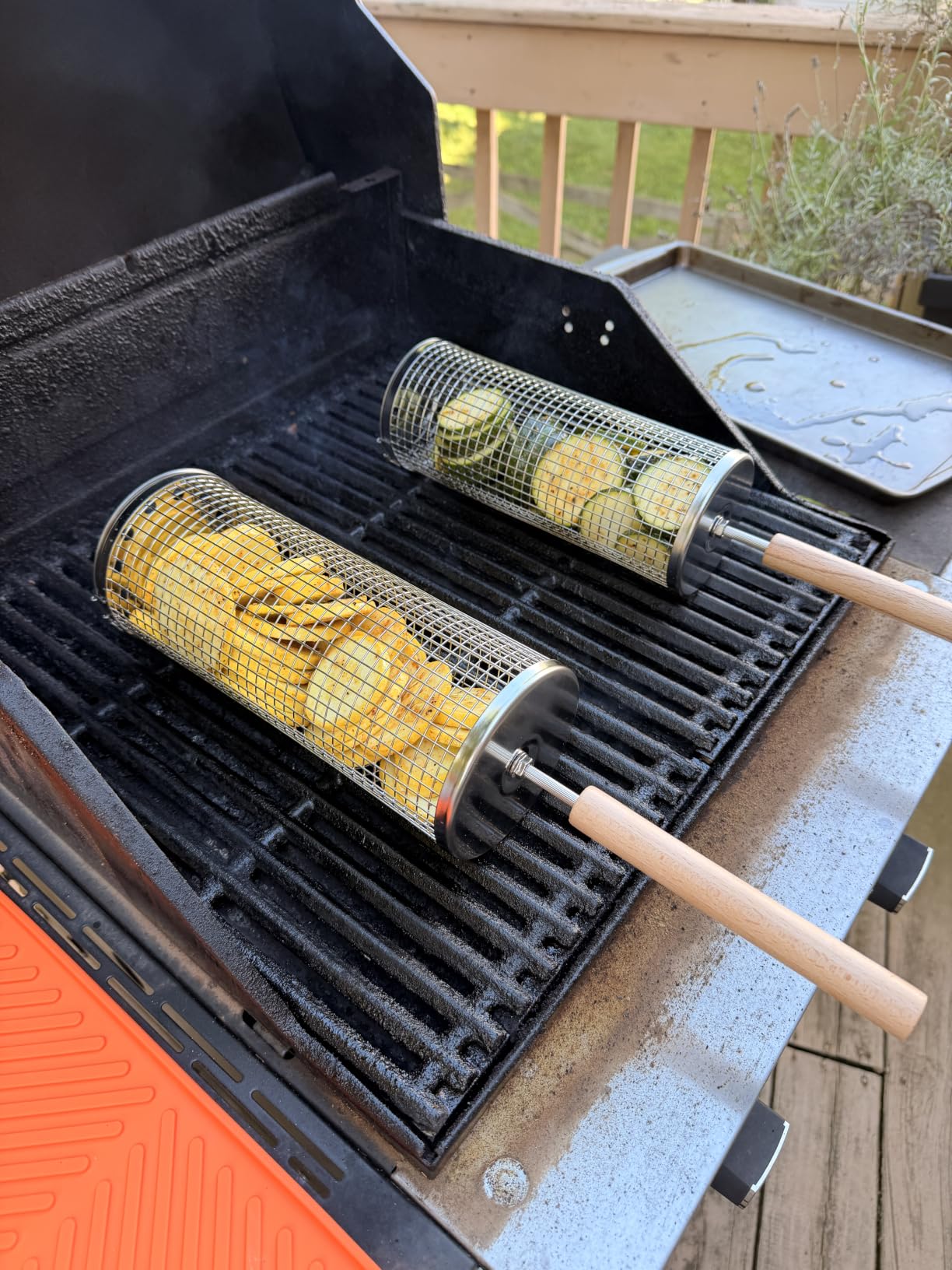 ivtivfu Rolling Grill Basket, Removable Wooden Handle, 304 Stainless Steel, Nesting BBQ Tools, Smoker Grilling Accessories for Vegetable, Outdoor Cooking Camping, Birthday Gifts for Men Dad Husband customer photo 2