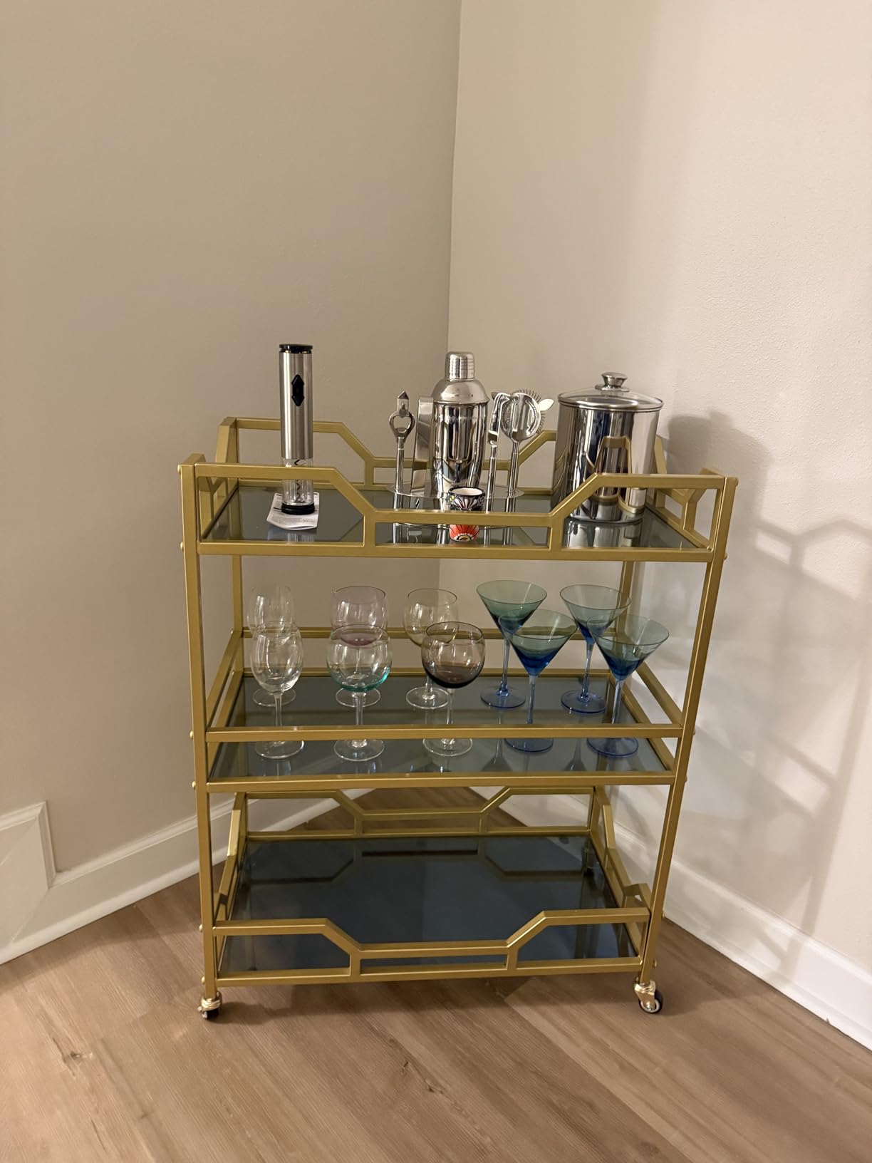 Square Gold Bar Carts with 3 Tier Storage Glass Shelves Holder Home Serving Bar Carts on Wheels for Kitchen, Bar, Dining Room customer photo 2
