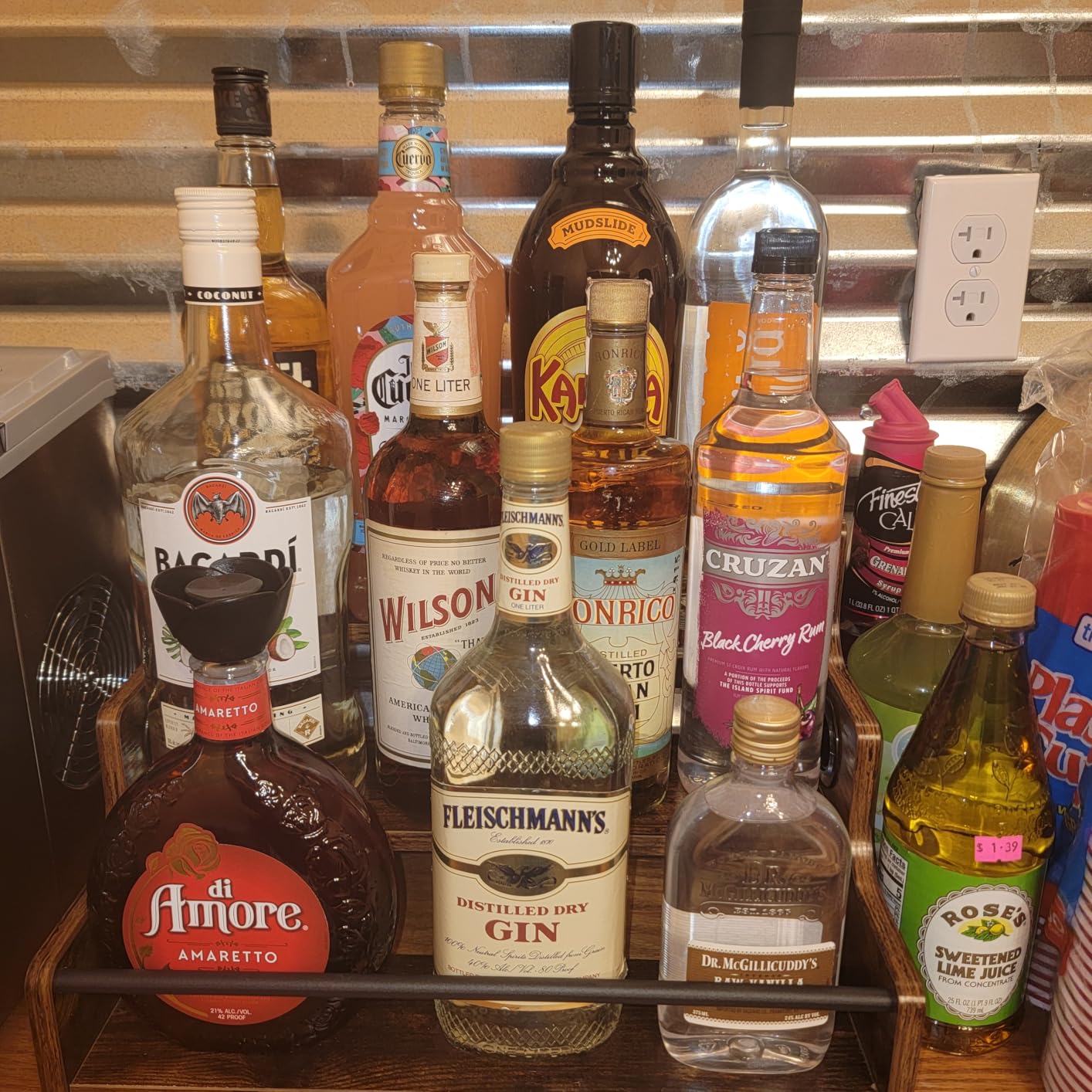 KLM Liquor Bottle Display Shelf, Coffee Syrup Rack Organizer, 3 Step Countertop Liquor Wine Rack, mini bar, liquor cabinet, Home Retro Bar Shelf Stand for Liquor Whiskey, Spirits customer photo 1