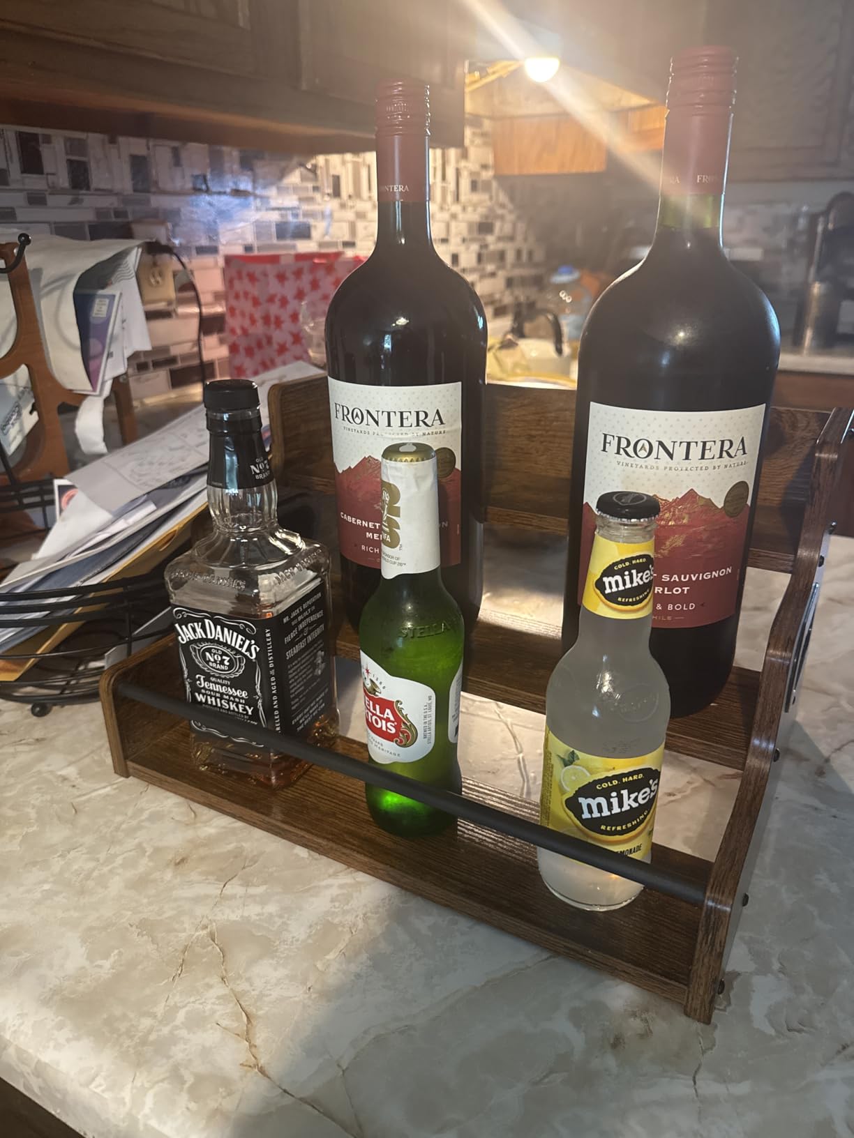 KLM Liquor Bottle Display Shelf, Coffee Syrup Rack Organizer, 3 Step Countertop Liquor Wine Rack, mini bar, liquor cabinet, Home Retro Bar Shelf Stand for Liquor Whiskey, Spirits customer photo 2