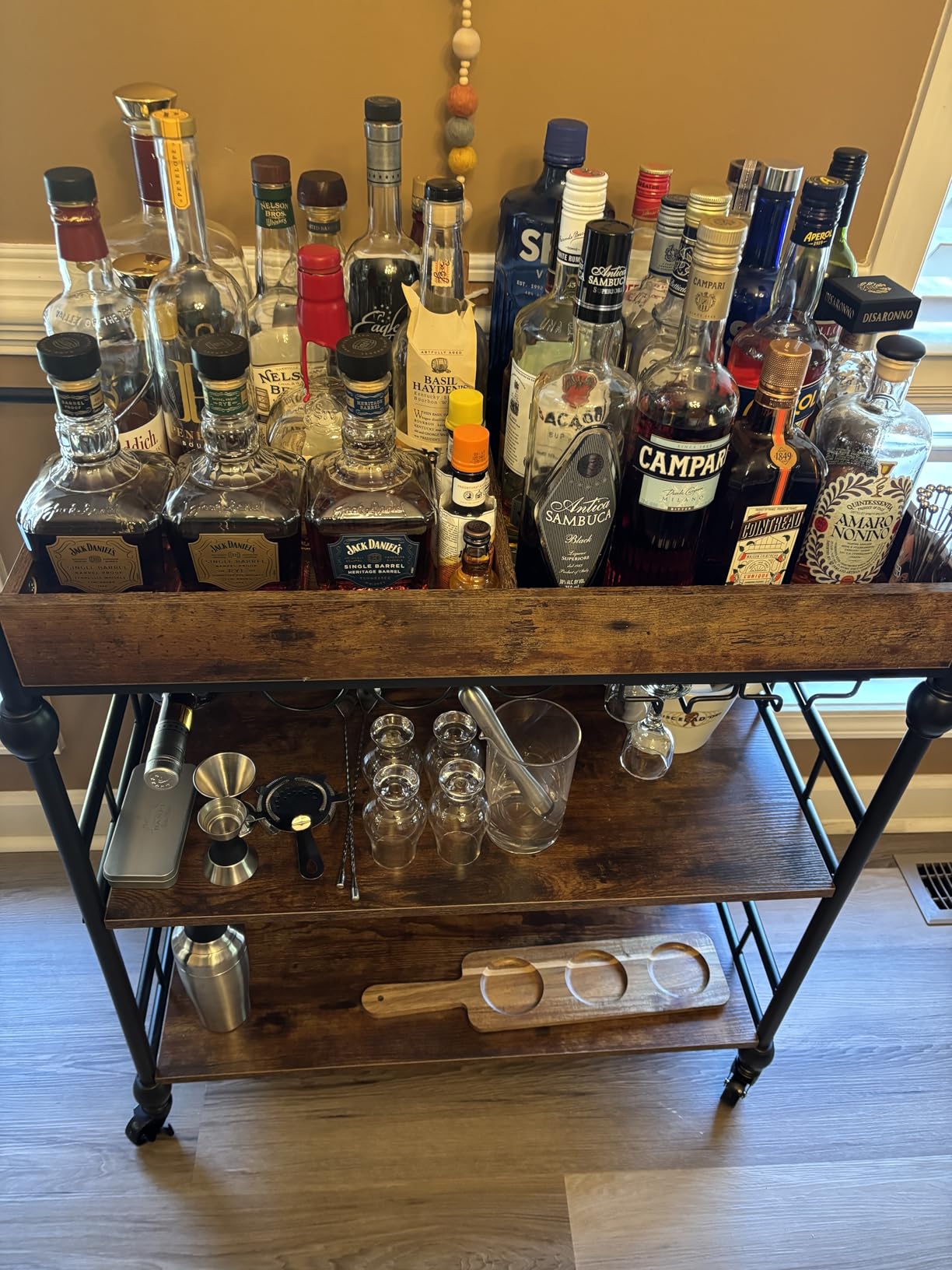 GarveeHome Bar Cart with Wheels, 3-Tier Serving Cart for Home, Mobile Rolling Beverage Cart with Wine Rack and Removable Tray for Kitchen, Dining, Living Room, 35.4