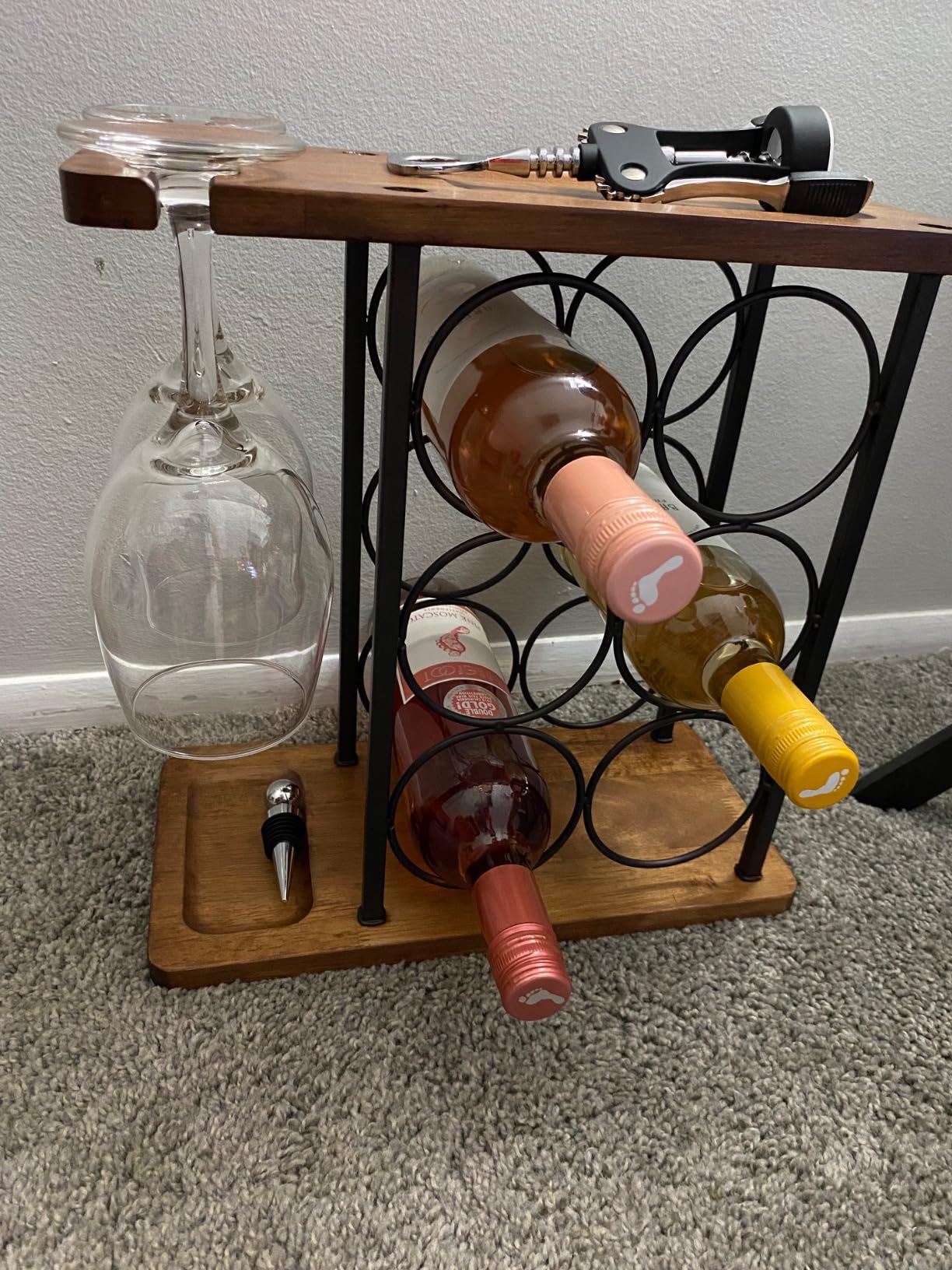 Gold Wine Rack with Glass Holder, Countertop Wooden Wine Holder for 6 Bottles & 2 Glasses, Includes Storage Trays customer photo 1