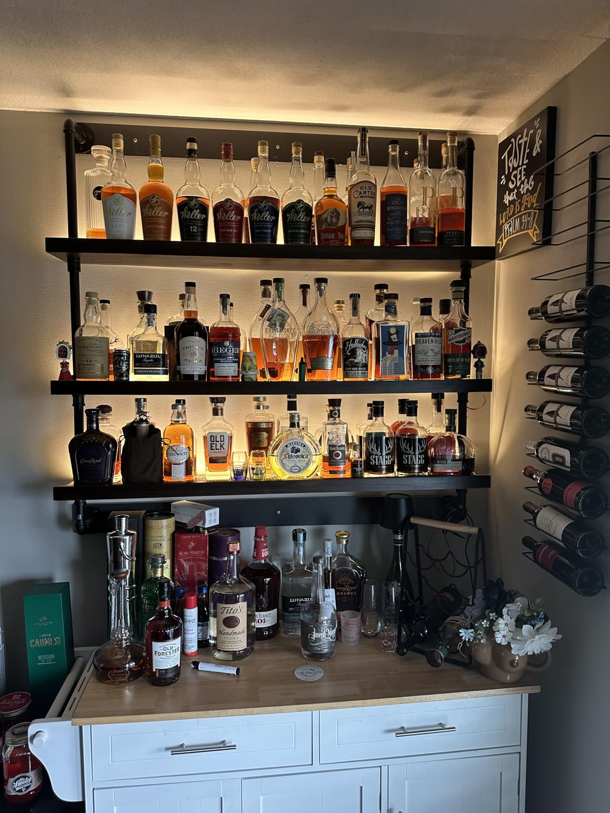 Solid Wood Wine Racks Wall Mounted with LED Lights, Metal Wine Bottles Display Shelf, Industrial Floating Lighted Bar Shelves Liquor Rack for Home & Dining Room (120cm/47.2in) customer photo 1