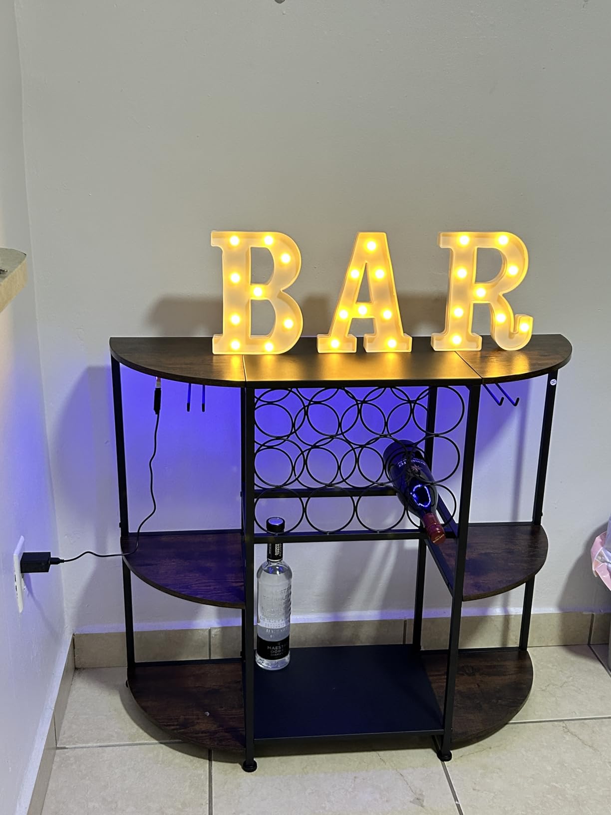 JKsmart Wine Bar Cart with LED Lights, Mini Wine Rack with Storage and Glass Holder, Small Home Bar Cart for Liquor, 3-Tier Bar Table for Kitchen, Dining Room, Rustic Brown customer photo 1
