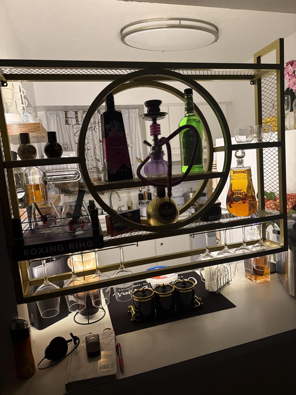 Metal Wine Rack Wall Mounted with LED Light, 3-Tier Bar Liquor Shelf with Wine Glass Holder, Modern Large Capacity Liquor Bottle Display Storage Shelf for Home Bar, Dining Room(Gold, 100*80*15) customer photo 1