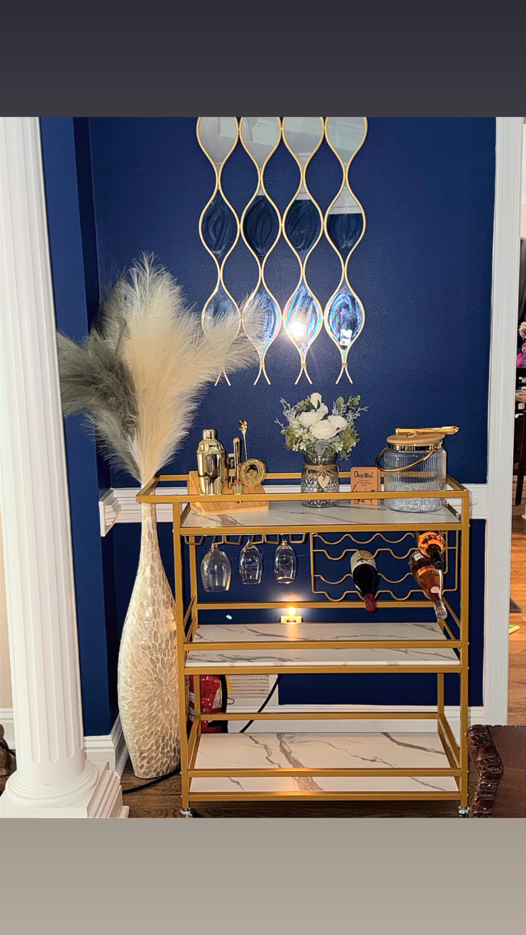 Leteuke Bar Cart for Home, 3 Tier Gold Serving Rolling Carts with Wheels, Drink Cart, Liquor Stand with Marbled Wooden Shelves, Wine Rack and Glass Holder for Kitchen, Dining Room customer photo 1