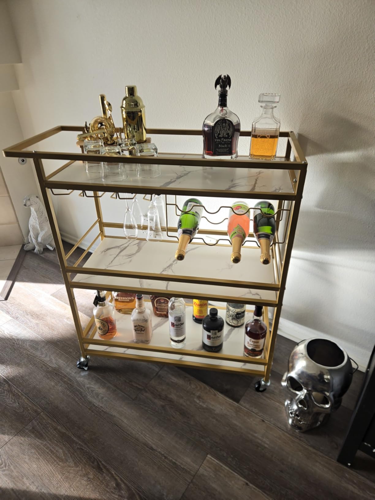 Leteuke Bar Cart for Home, 3 Tier Gold Serving Rolling Carts with Wheels, Drink Cart, Liquor Stand with Marbled Wooden Shelves, Wine Rack and Glass Holder for Kitchen, Dining Room customer photo 2