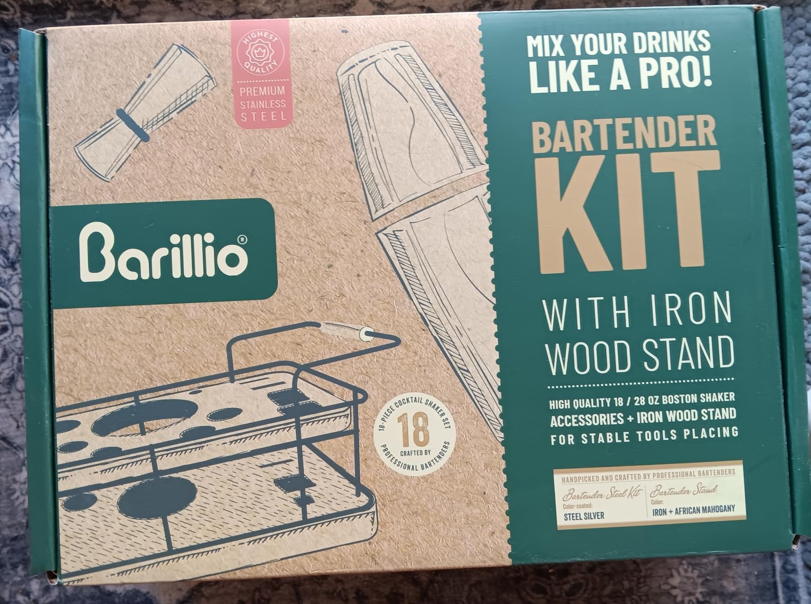 Barillio Bartender Kit - 23-Piece Stainless-Steel Cocktail Shaker Set with Premium African Mahogany Stand, Martini Barware Mixing Tools for Home Bartending customer photo 2