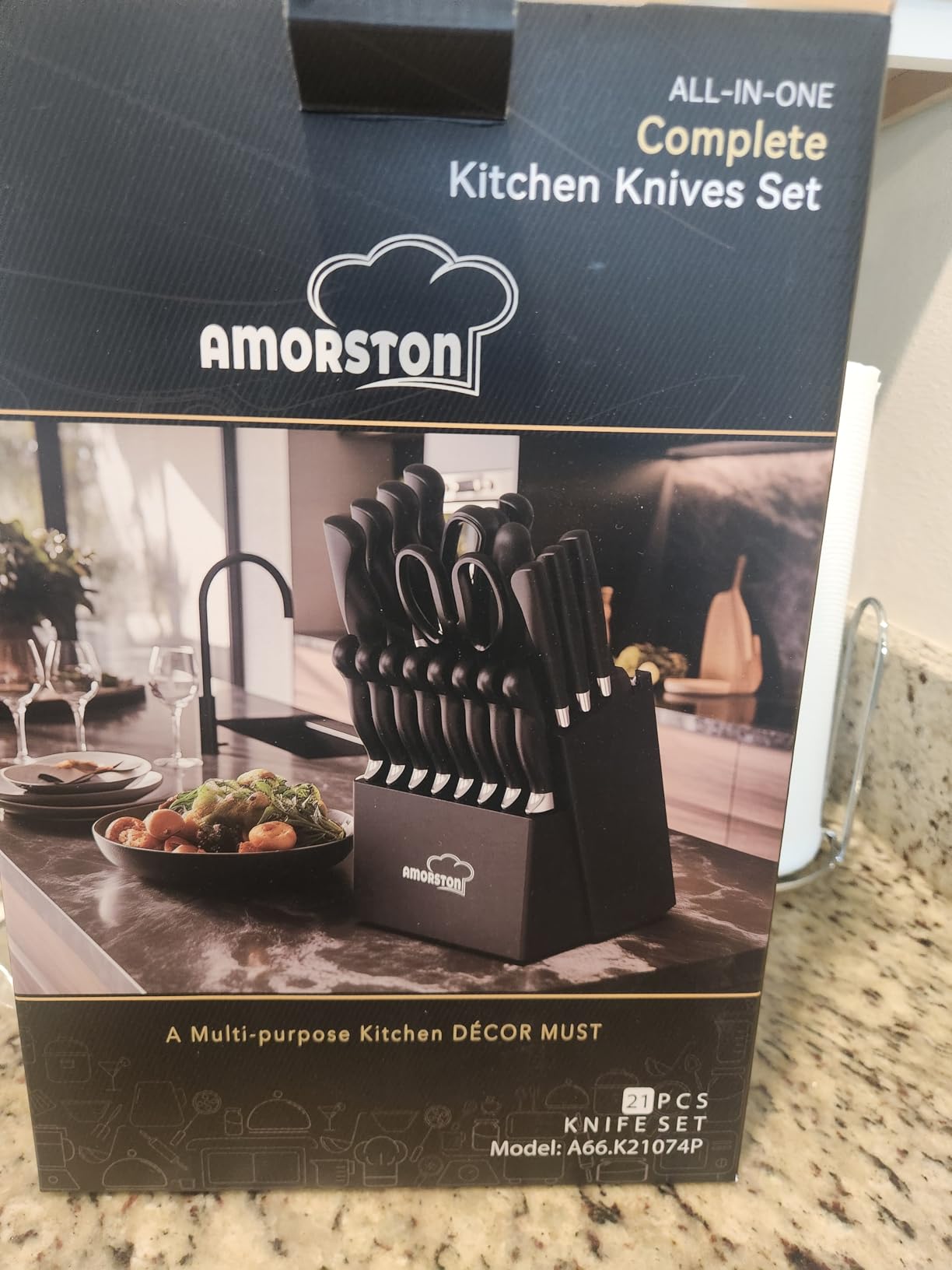 Knife Set, Amorston 21 Pieces Kitchen Knife Set with Block and Sharpener, Ultra-Sharp Knives Set with Ergonomic Handles, Black German Stainless Steel Knife Block Set, Dishwasher Safe customer photo 2