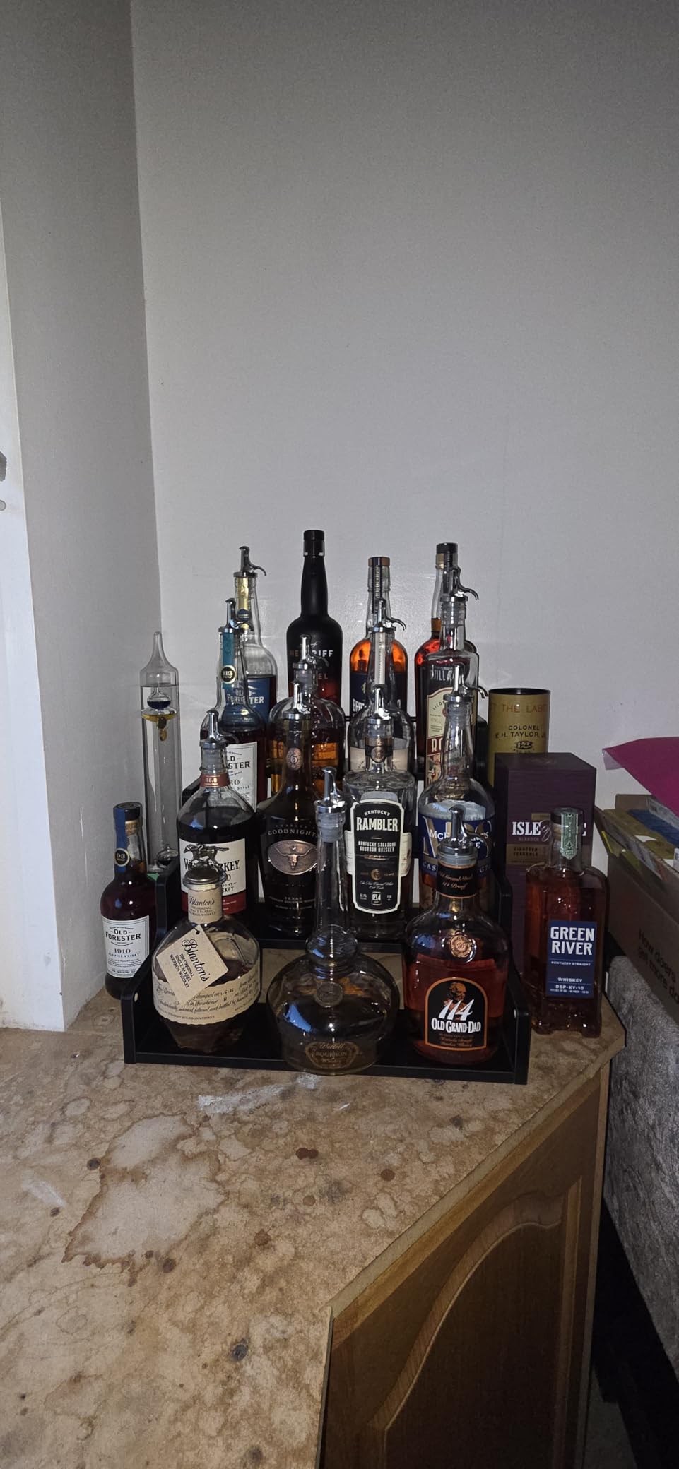 YQBRAO 2 Pack 4-Tier Liquor Bottle Display Shelf, 16-Inch Wooden Bar Shelves for Liquor Bottles, Countertop Whiskey Shelf and Bourbon Shelf Organizer for Home Bar, Kitchen (Rustic Brown) customer photo 1