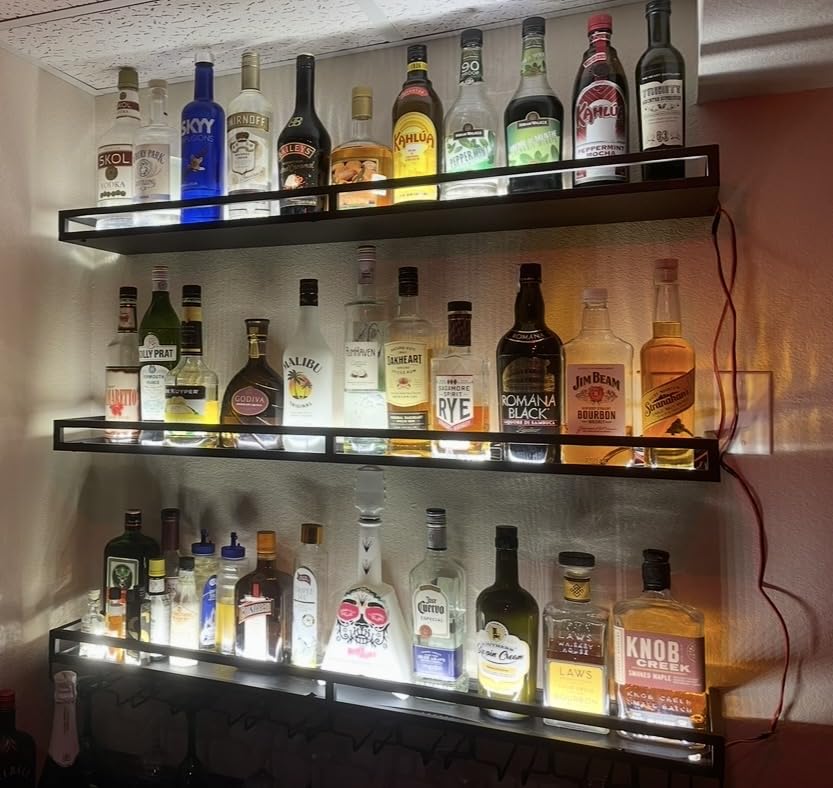 Metal Wall Mounted Wine Rack with LED Light, 3 Tiers Liquor Bottles Floating Shelves with Glass Holder, Wine Shelf Industrial Bar Shelves for Home Bar Dining (Black, 100cm/39.3in) customer photo 2