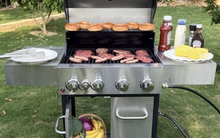 Veralune 4 Burner Gas Grill with Infrared Side Burner, Side Shelves, Wheels | Outdoor Cooking Grill, BBQ Propane Grill, Built-in Thermometer, 55,000 BTU, Enameled Cast-iron Grates, Cheer for World Cup customer photo 1