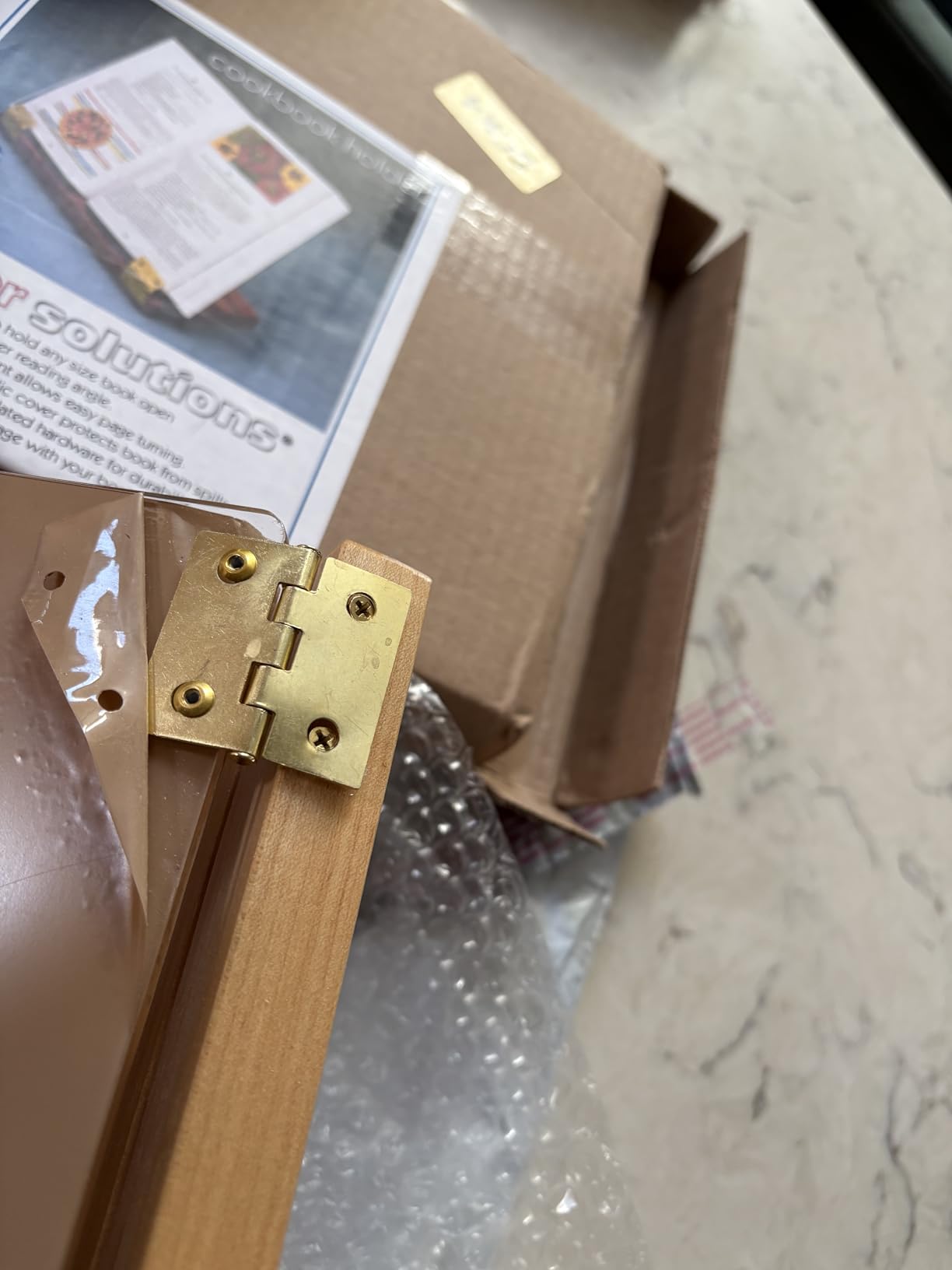 Original Hinged Cookbook Holder - Acrylic Shield With Wood Base and Brass Plated Hinges - Made in the USA customer photo 2