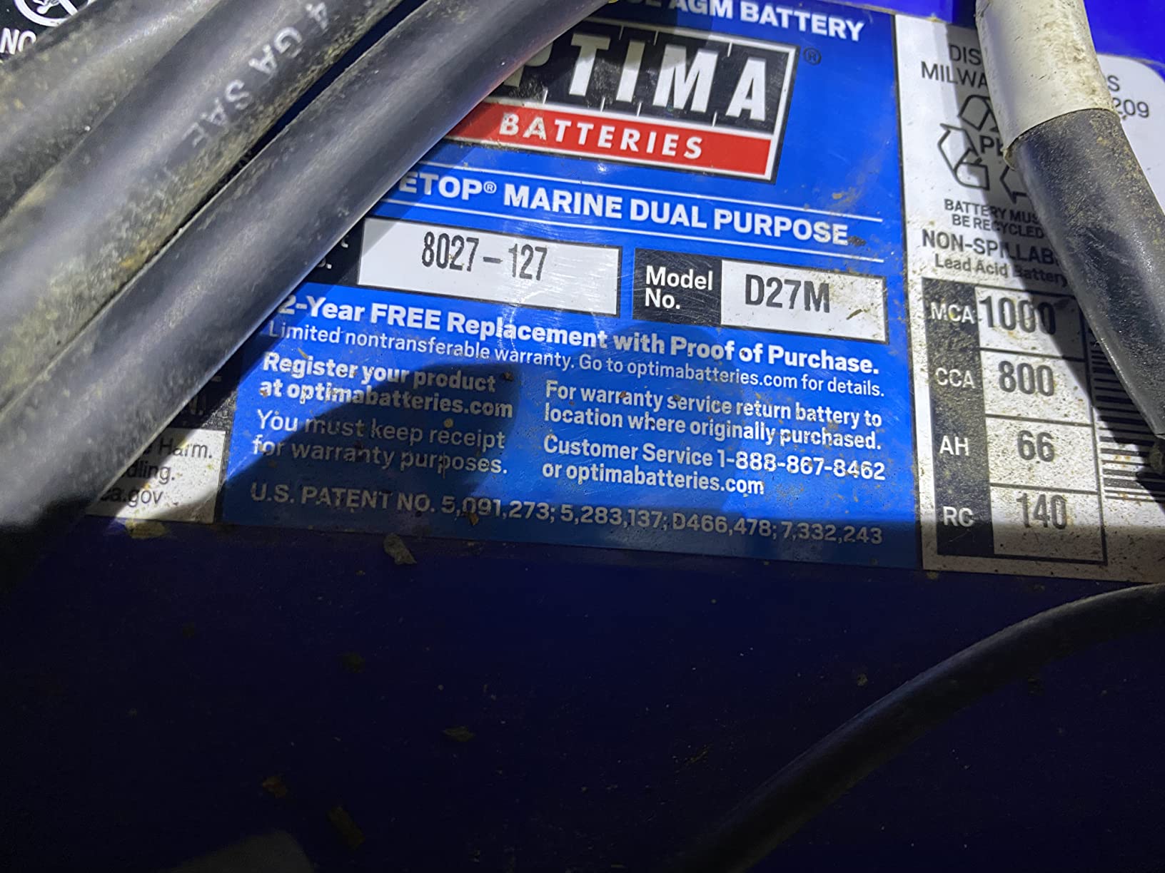 OPTIMA Batteries D27M BLUETOP Boat and RV Dual Purpose Sealed AGM Battery | High Performance Deep Cycle and Starting Battery, 800 CCA, Dual Terminal, Maintenance Free, Versatile Mounting customer photo 1