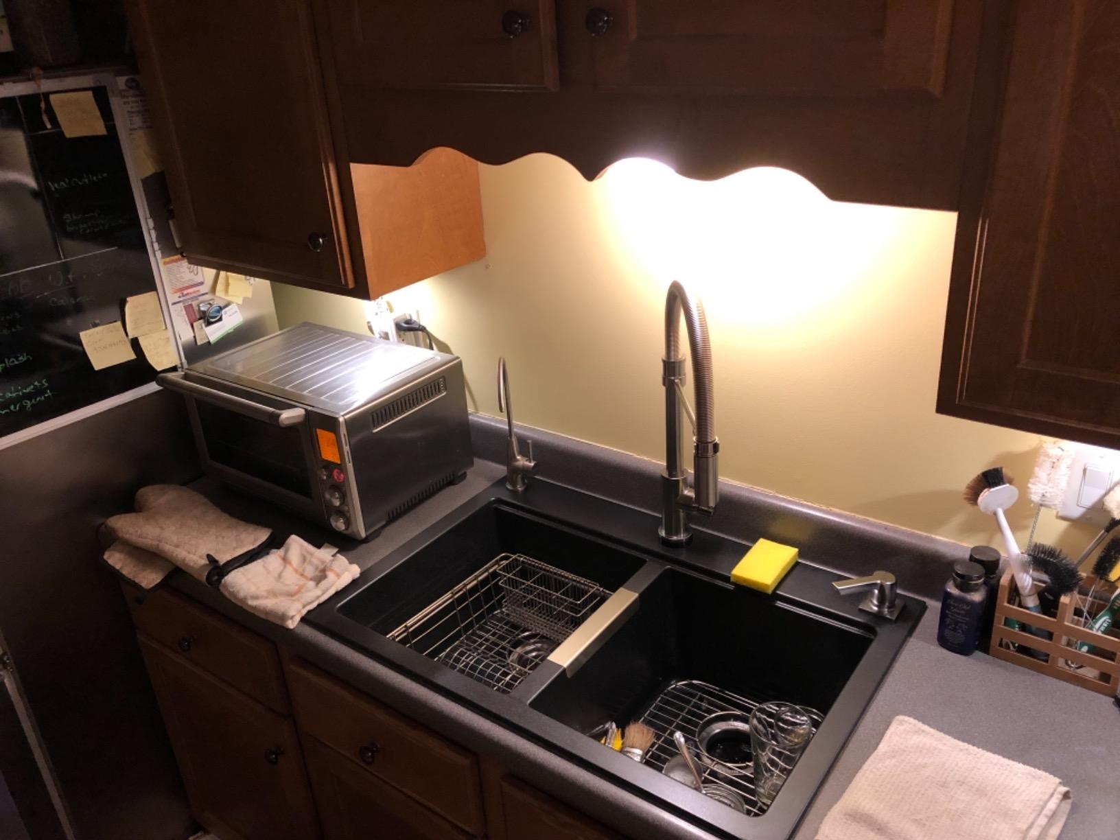 KRAUS Black Onyx 33 in Double Bowl Granite Kitchen Sink KGD-433B | Quartz composite with metallic particles, heat-safe, non-porous surface resists stains, 50/50 double bowl split customer photo 2